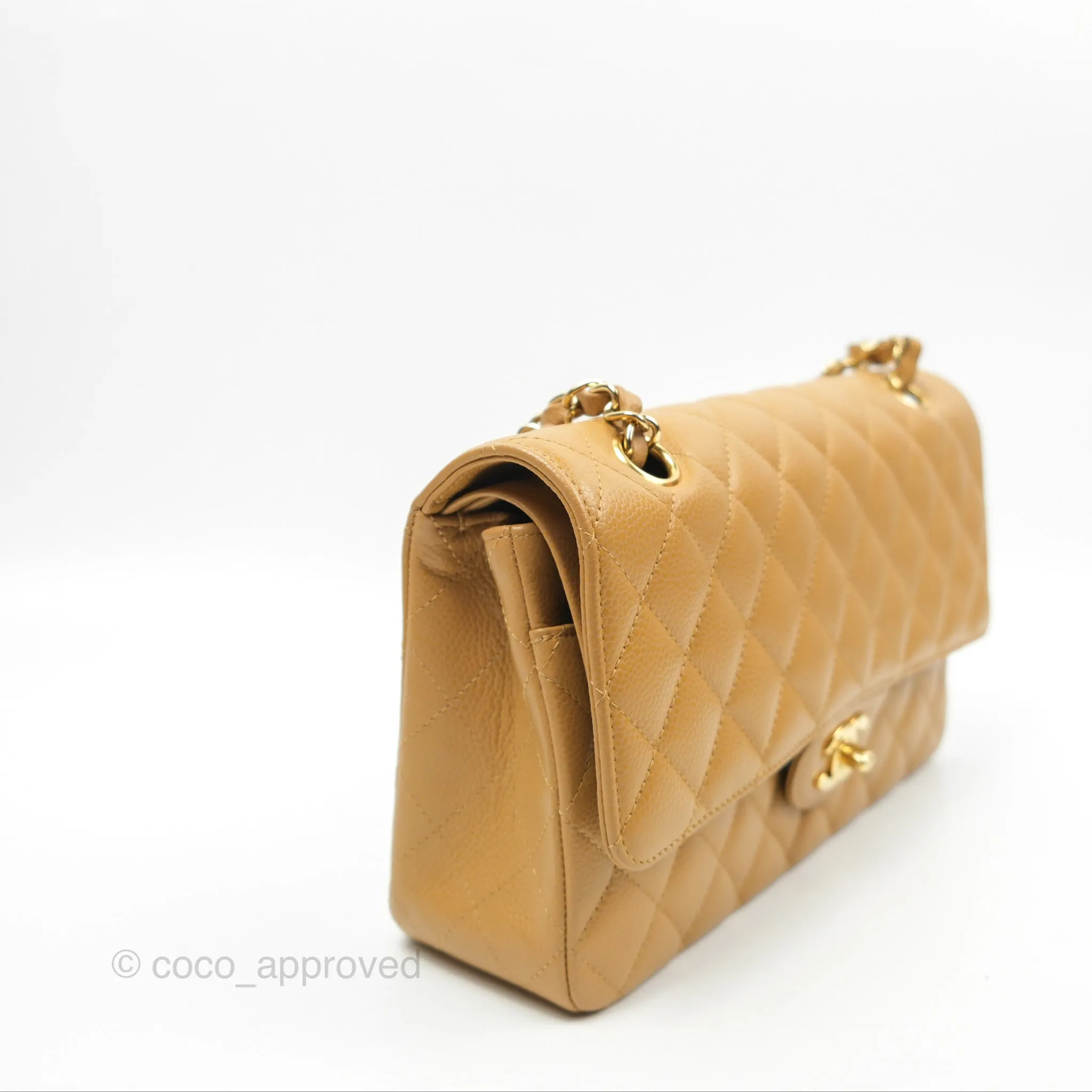 Chanel Classic M/L Medium Flap Quilted Dark Beige Caviar 24K Gold Hardware