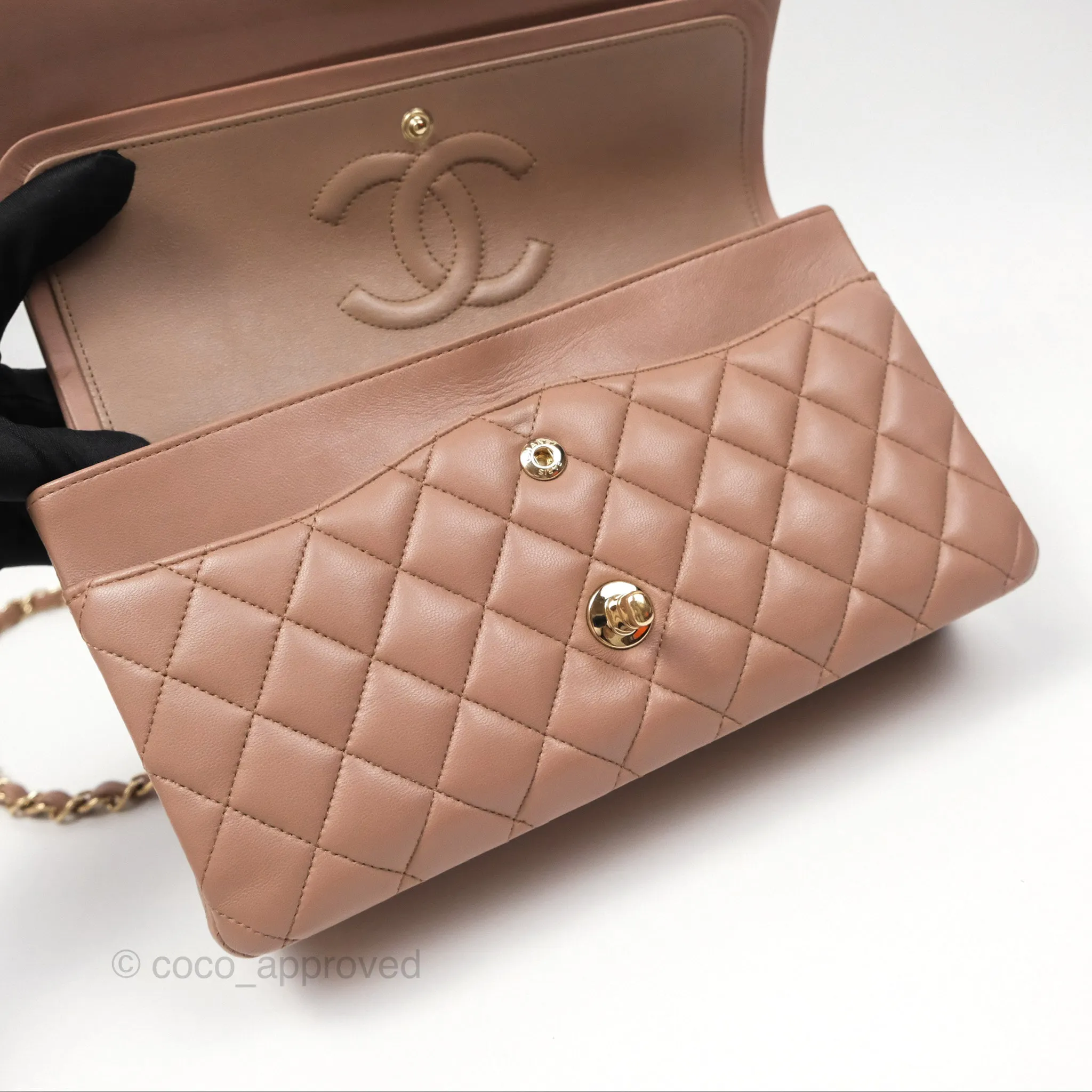 Chanel Classic M/L Medium Flap Quilted Dark Beige Lambskin Gold Hardware