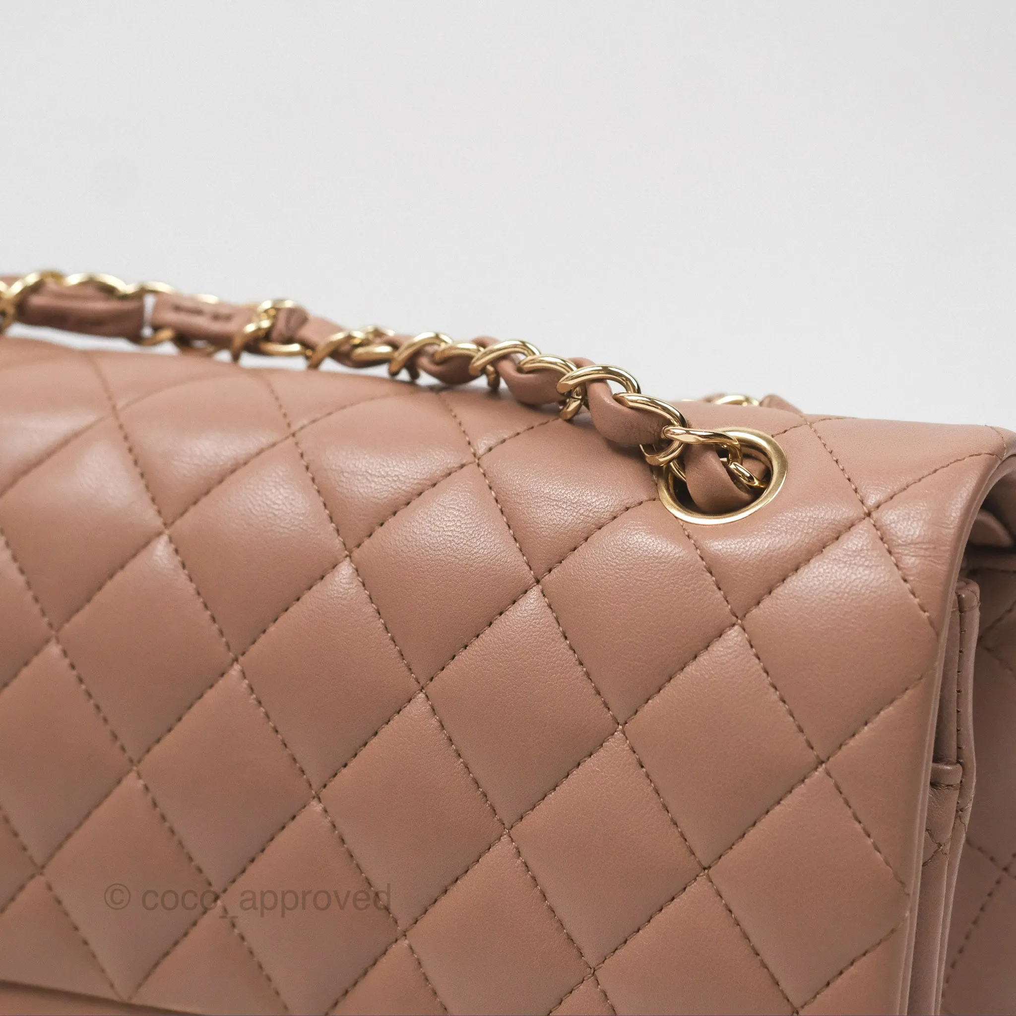 Chanel Classic M/L Medium Flap Quilted Dark Beige Lambskin Gold Hardware