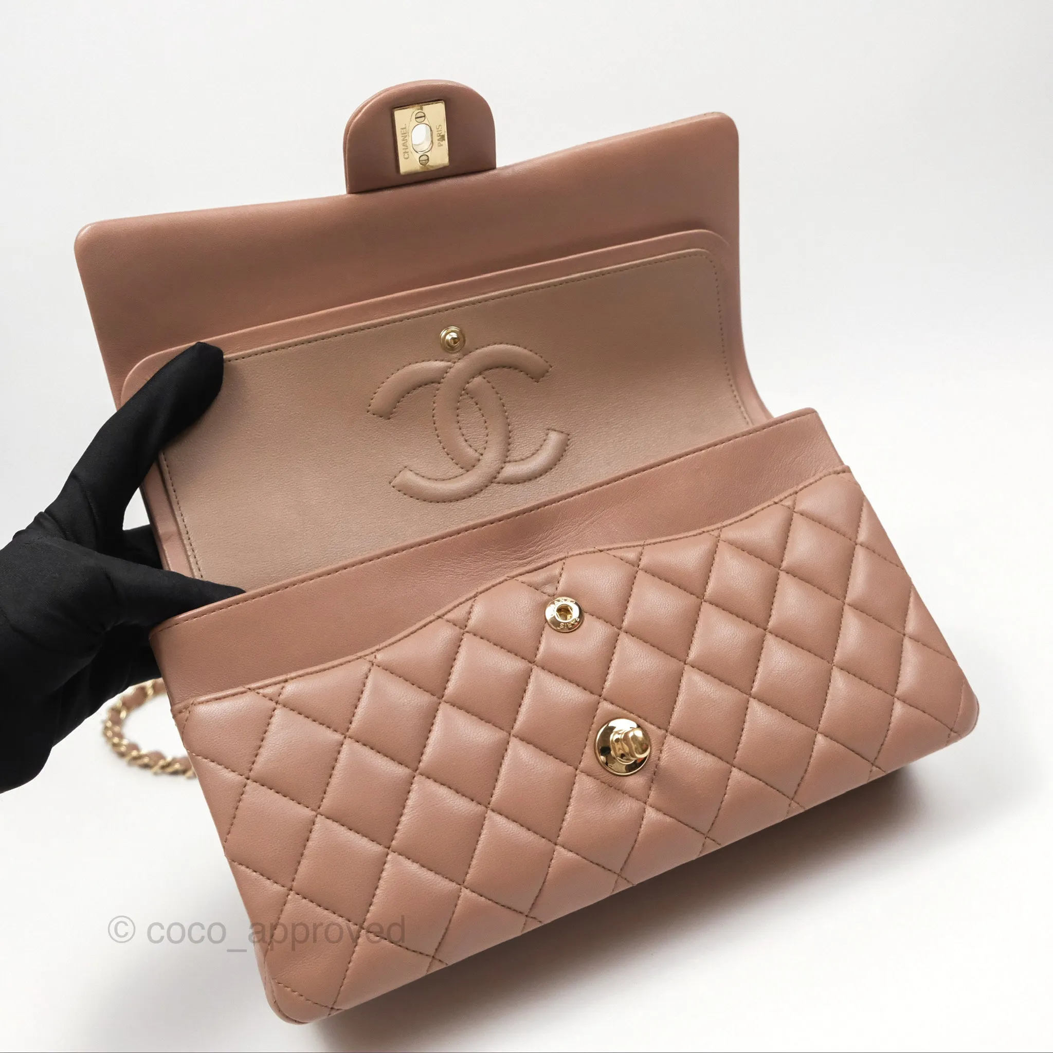 Chanel Classic M/L Medium Flap Quilted Dark Beige Lambskin Gold Hardware