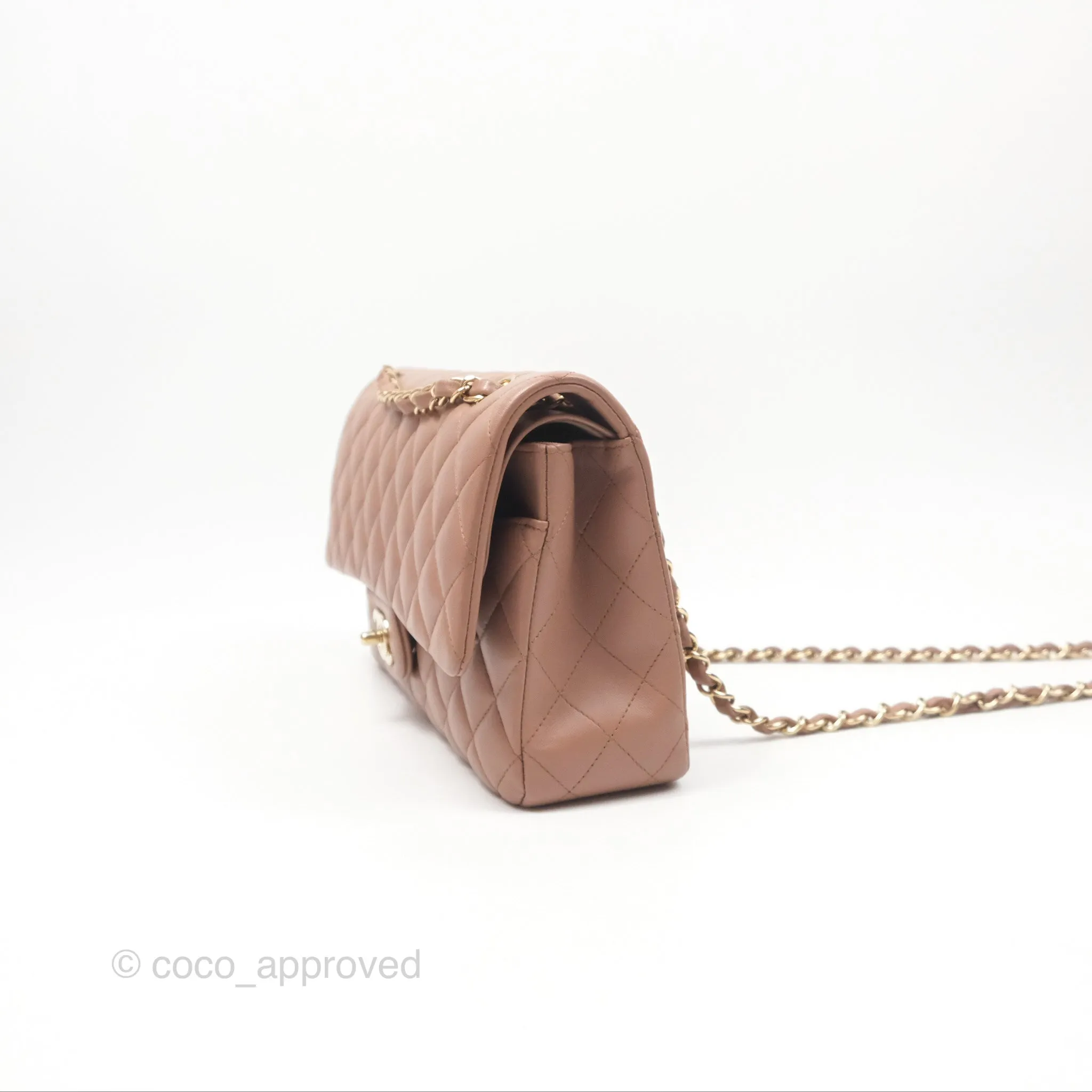 Chanel Classic M/L Medium Flap Quilted Dark Beige Lambskin Gold Hardware