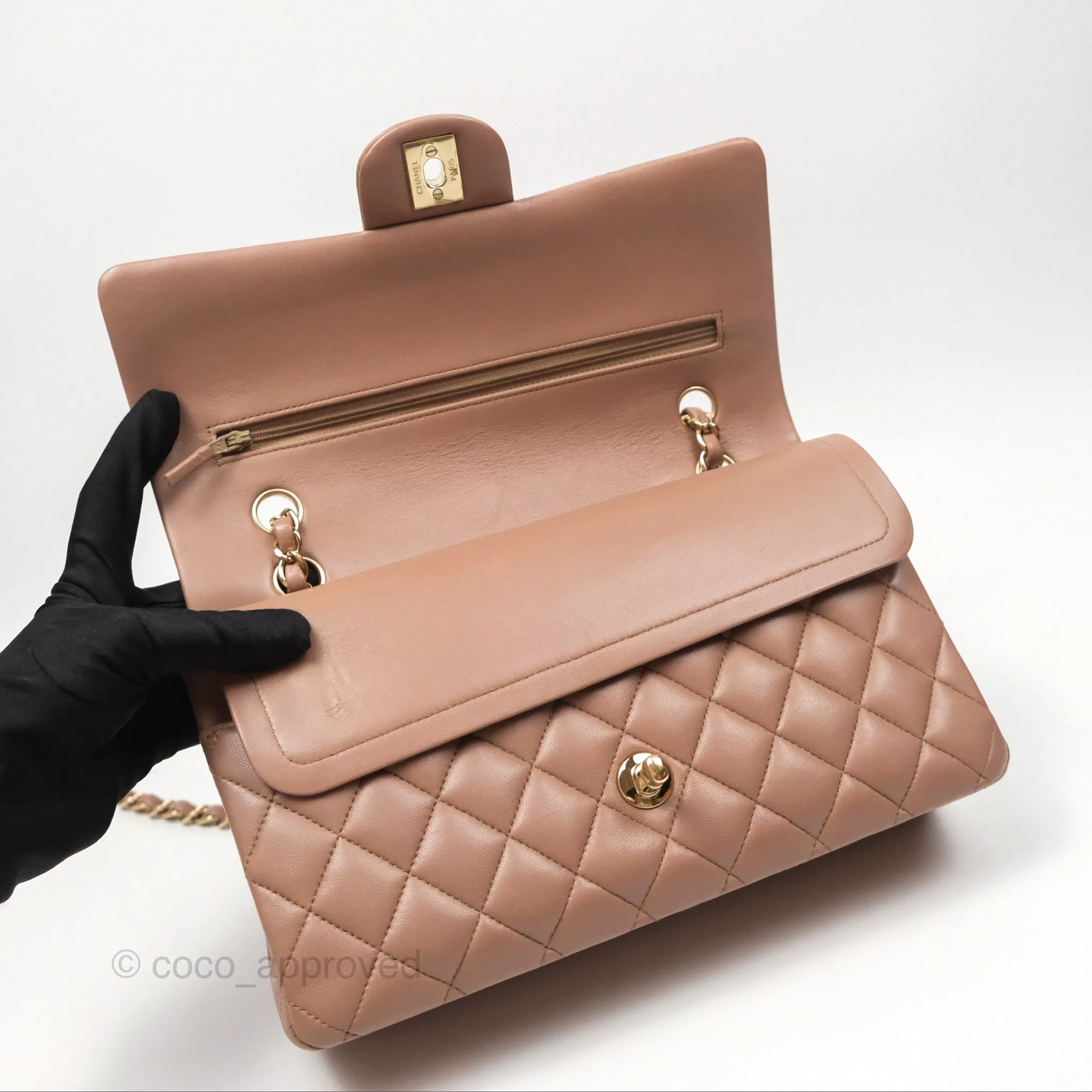 Chanel Classic M/L Medium Flap Quilted Dark Beige Lambskin Gold Hardware