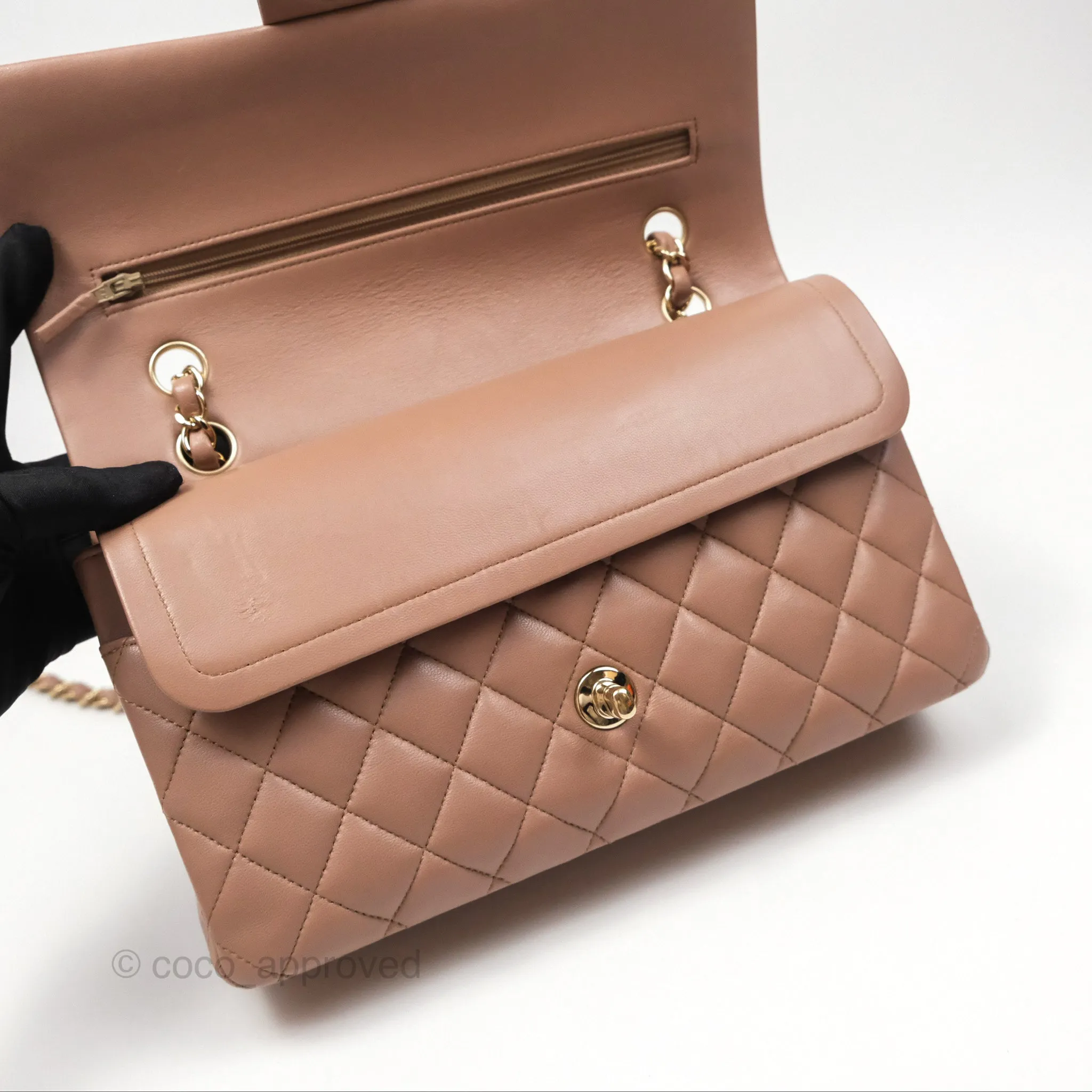 Chanel Classic M/L Medium Flap Quilted Dark Beige Lambskin Gold Hardware