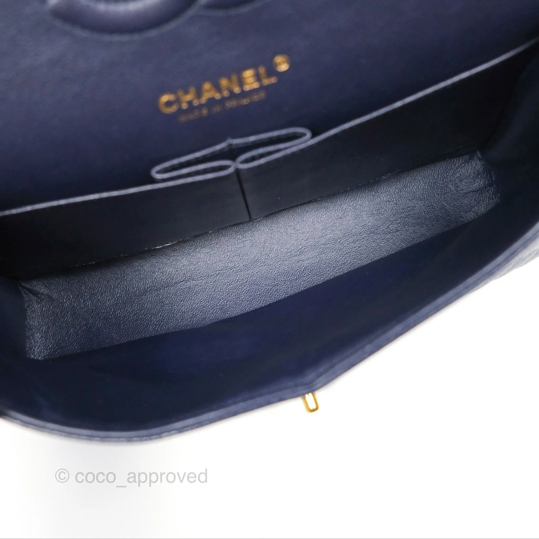 Chanel Classic M/L Medium Flap Quilted French Navy Caviar Aged Gold Hardware