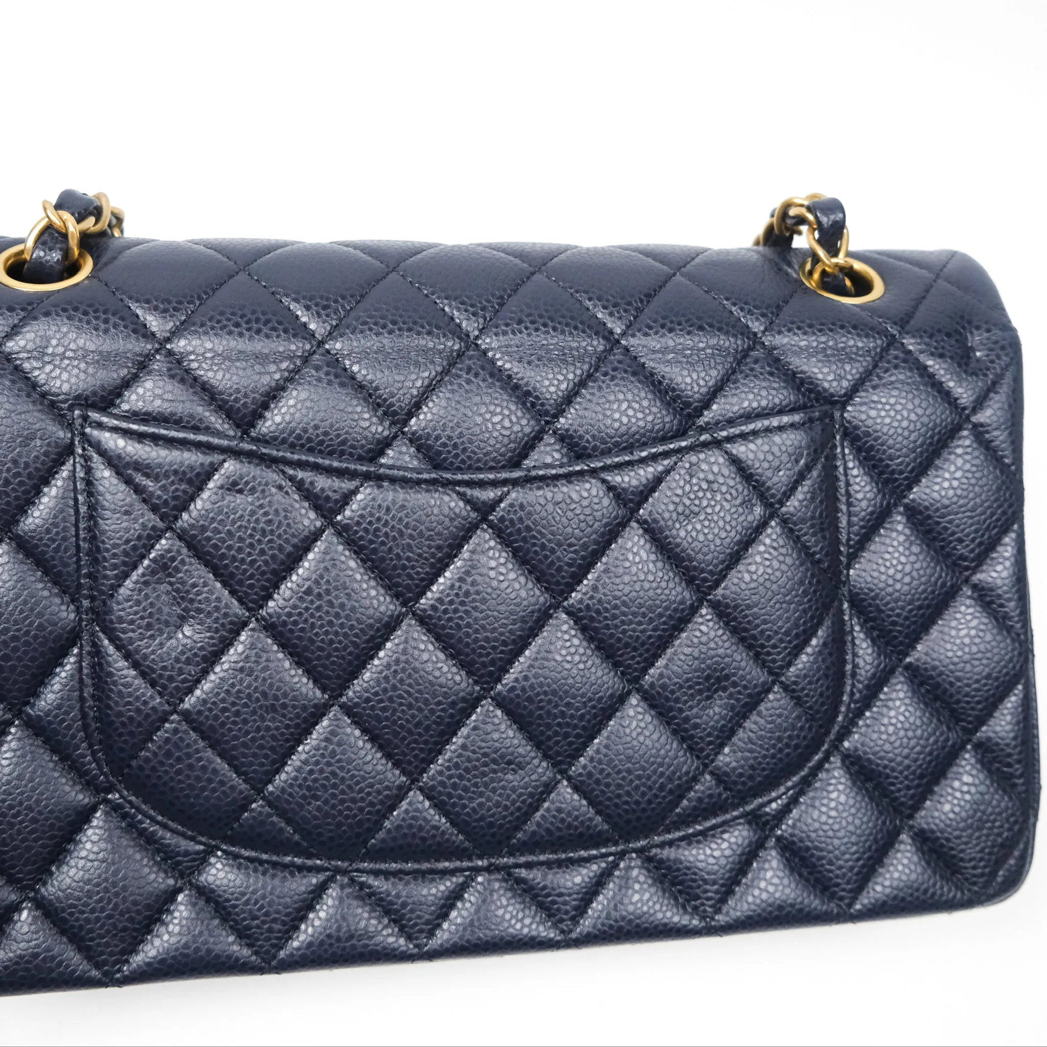 Chanel Classic M/L Medium Flap Quilted French Navy Caviar Aged Gold Hardware