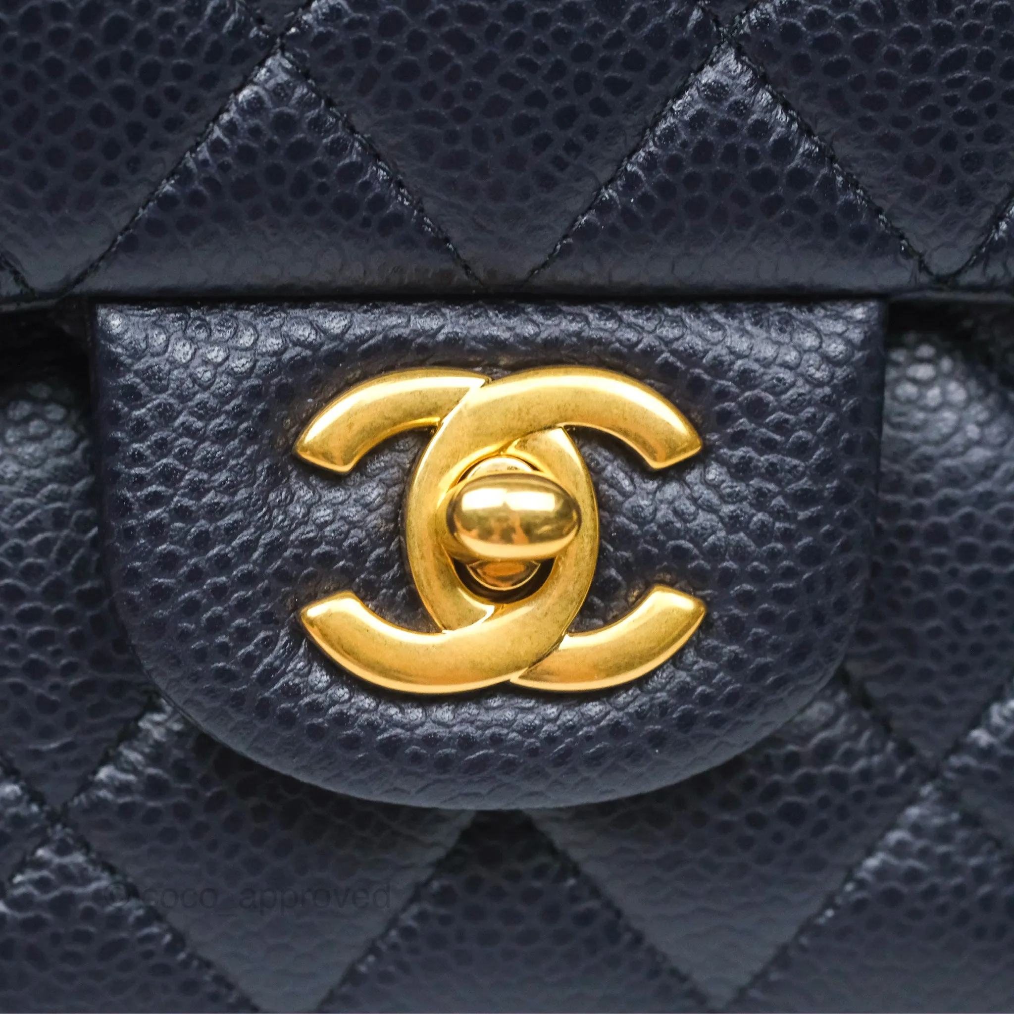 Chanel Classic M/L Medium Flap Quilted French Navy Caviar Aged Gold Hardware