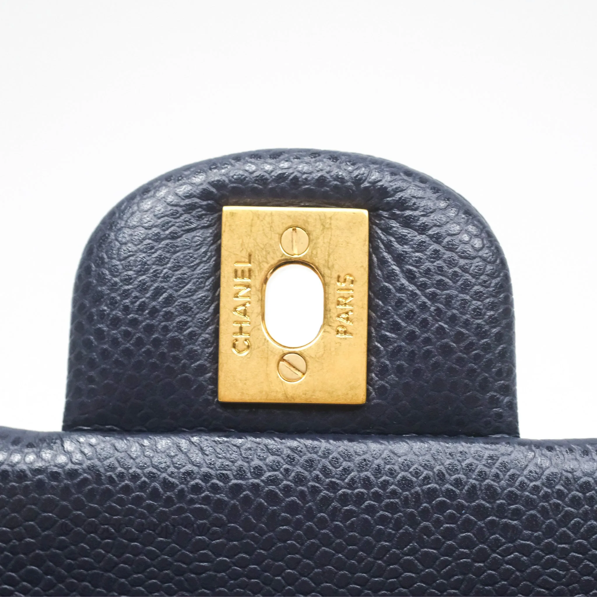 Chanel Classic M/L Medium Flap Quilted French Navy Caviar Aged Gold Hardware