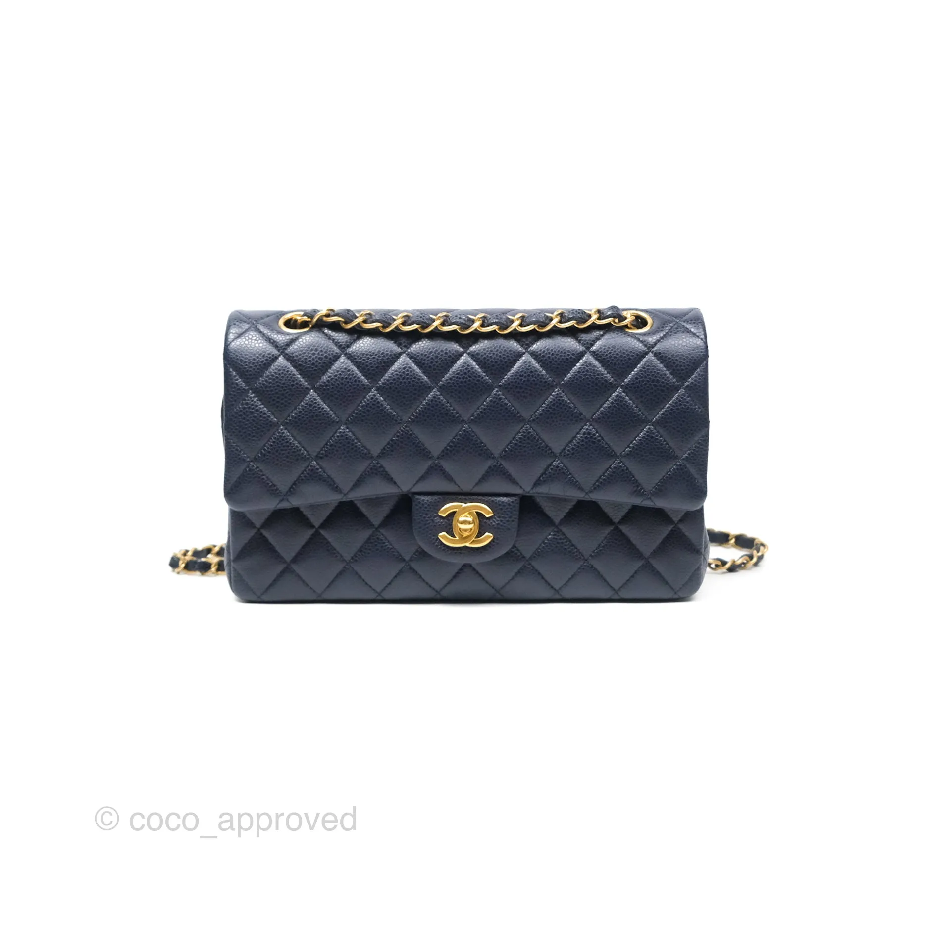 Chanel Classic M/L Medium Flap Quilted French Navy Caviar Aged Gold Hardware