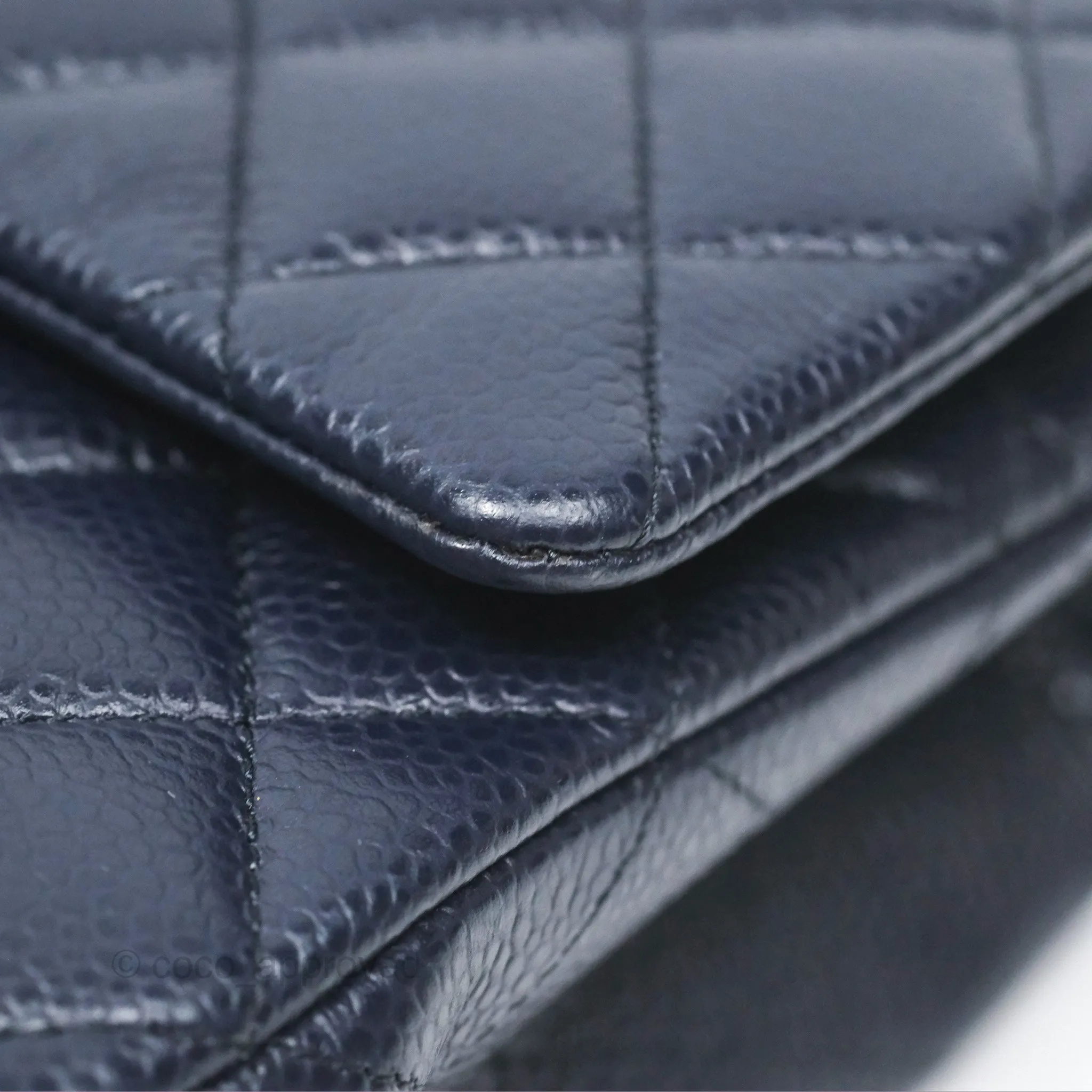 Chanel Classic M/L Medium Flap Quilted French Navy Caviar Aged Gold Hardware