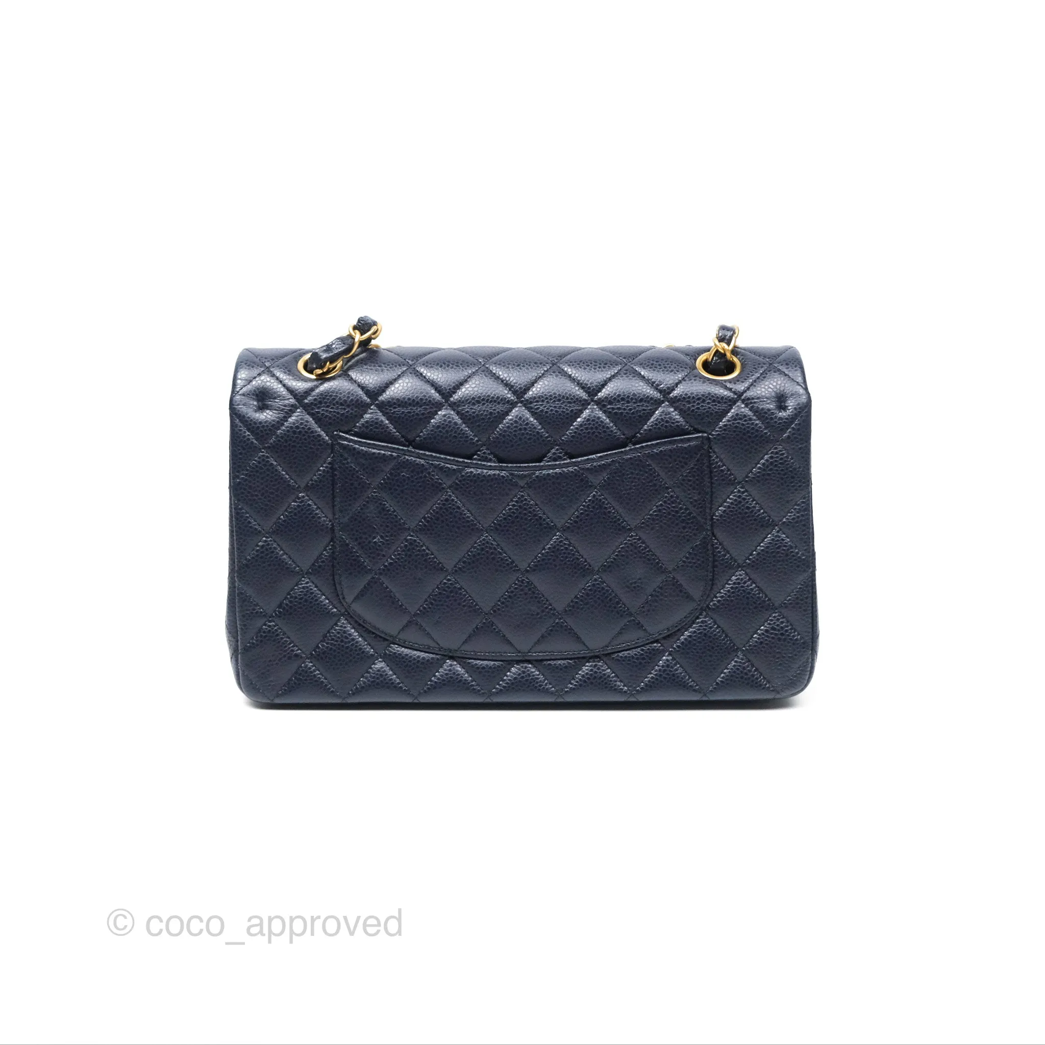 Chanel Classic M/L Medium Flap Quilted French Navy Caviar Aged Gold Hardware