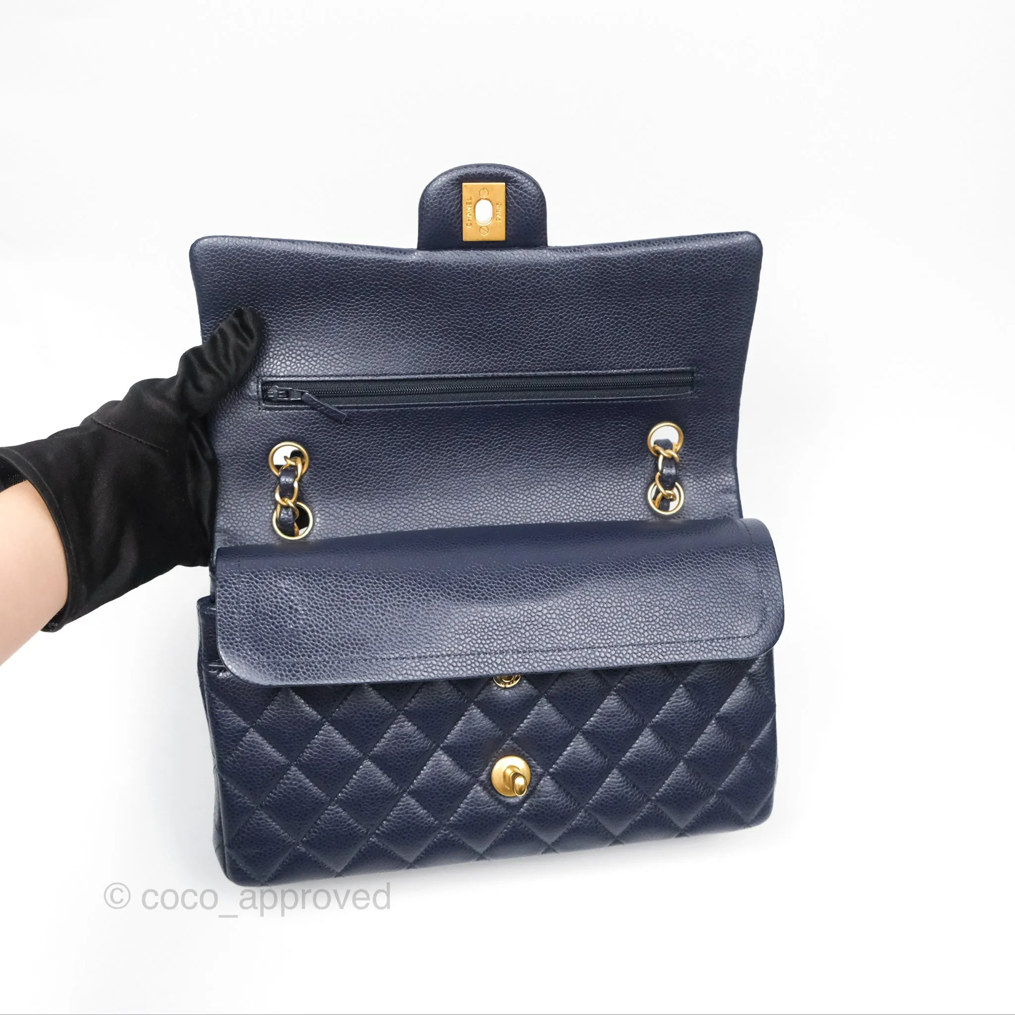 Chanel Classic M/L Medium Flap Quilted French Navy Caviar Aged Gold Hardware