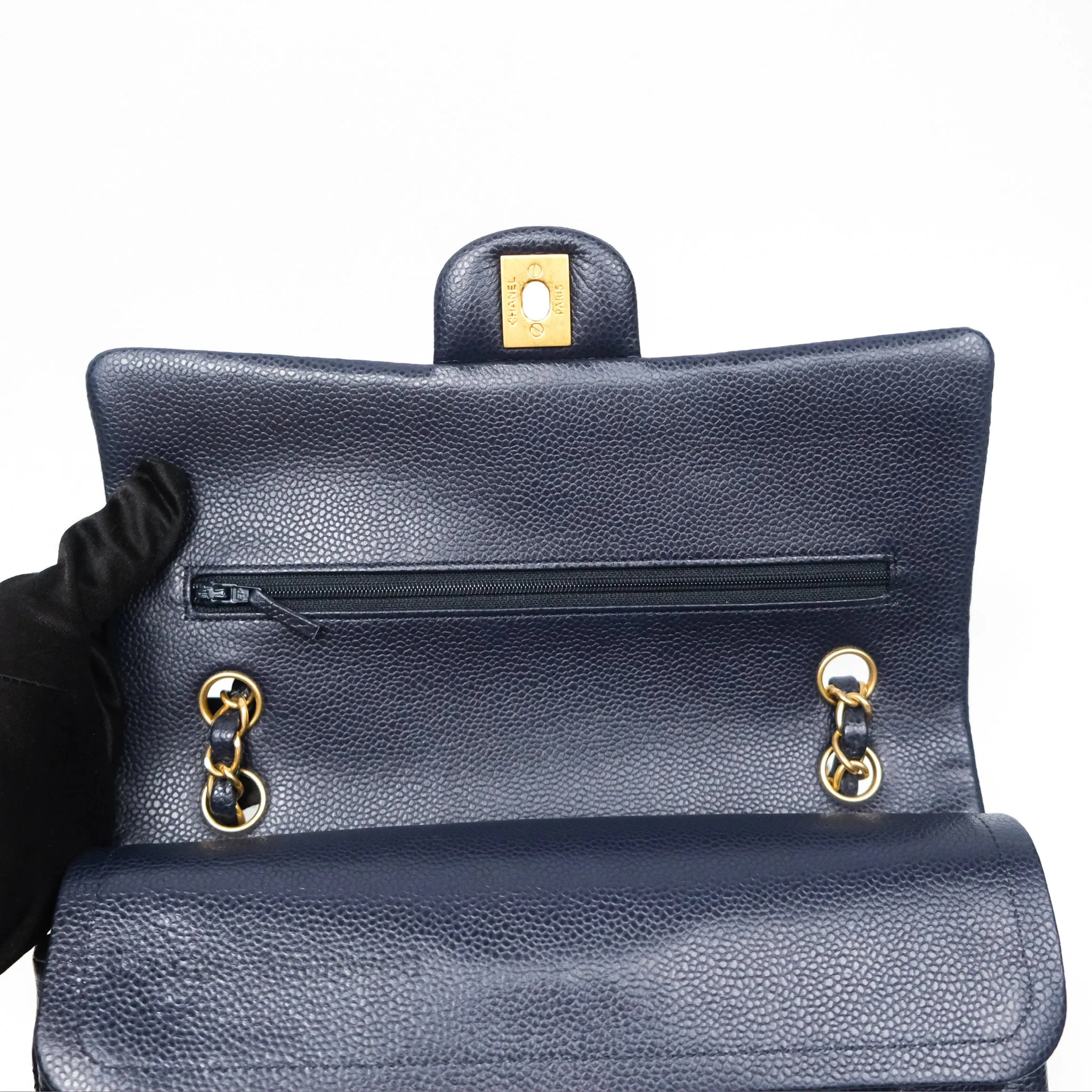 Chanel Classic M/L Medium Flap Quilted French Navy Caviar Aged Gold Hardware