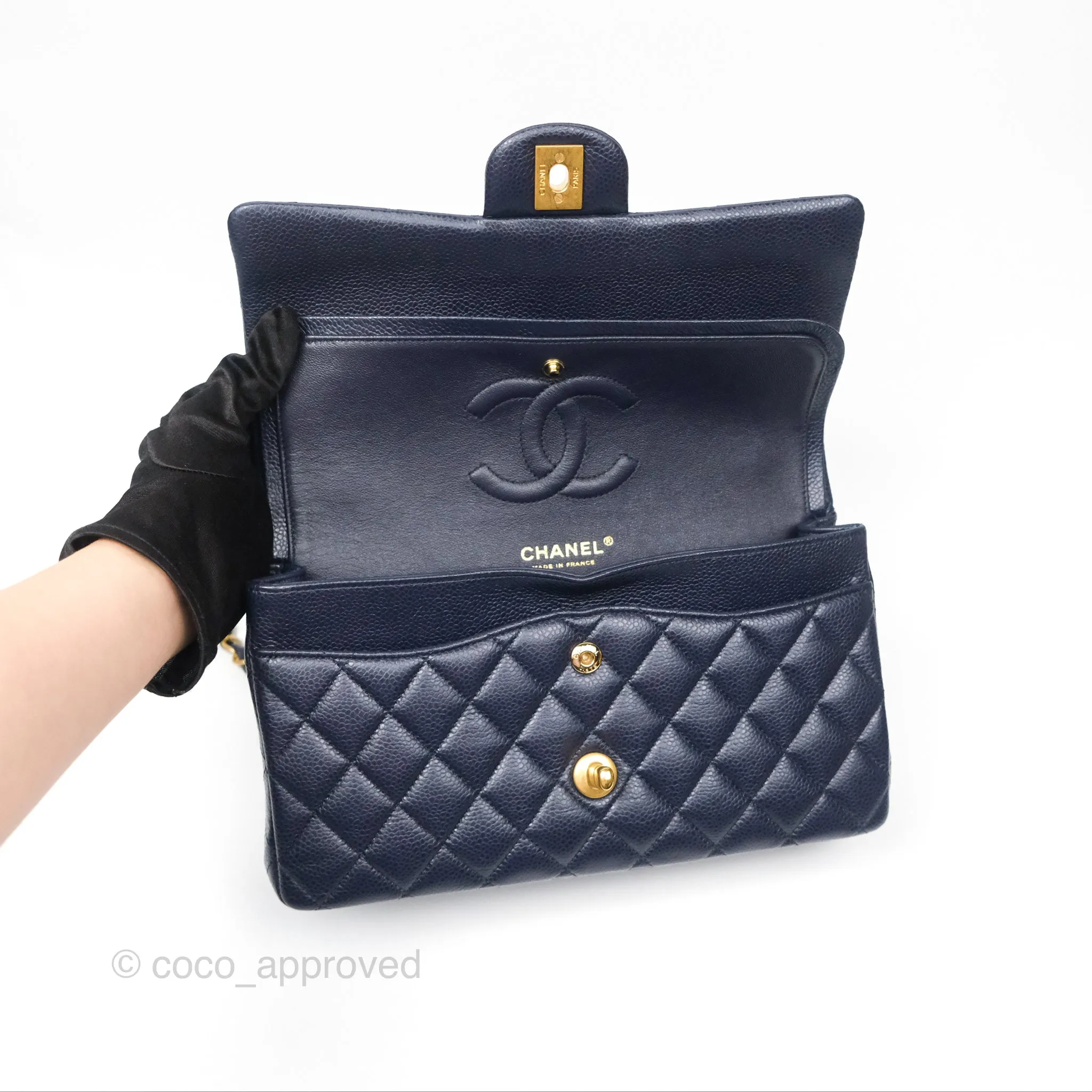 Chanel Classic M/L Medium Flap Quilted French Navy Caviar Aged Gold Hardware