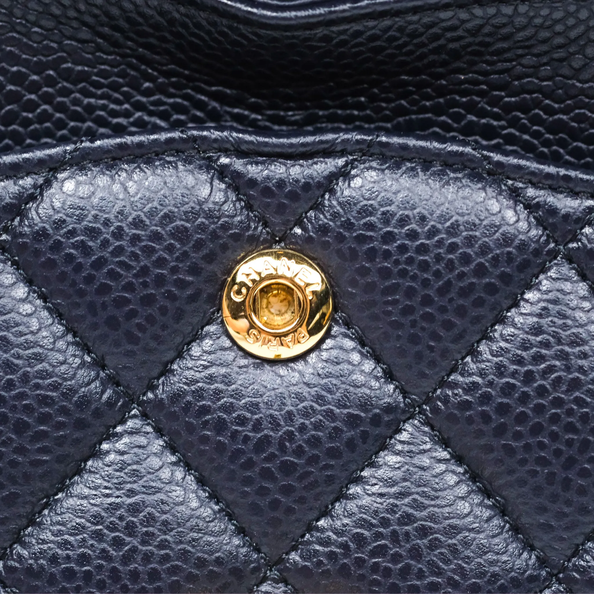Chanel Classic M/L Medium Flap Quilted French Navy Caviar Aged Gold Hardware