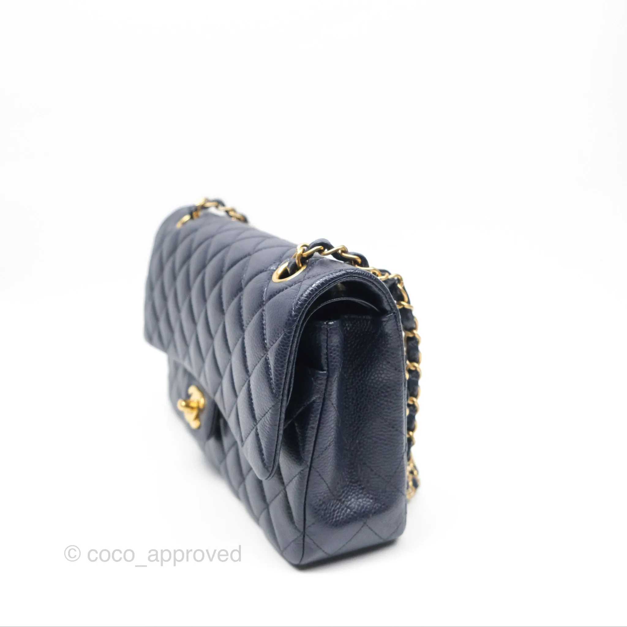 Chanel Classic M/L Medium Flap Quilted French Navy Caviar Aged Gold Hardware