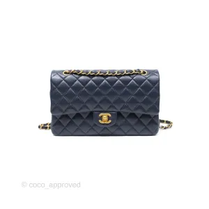 Chanel Classic M/L Medium Flap Quilted French Navy Caviar Aged Gold Hardware