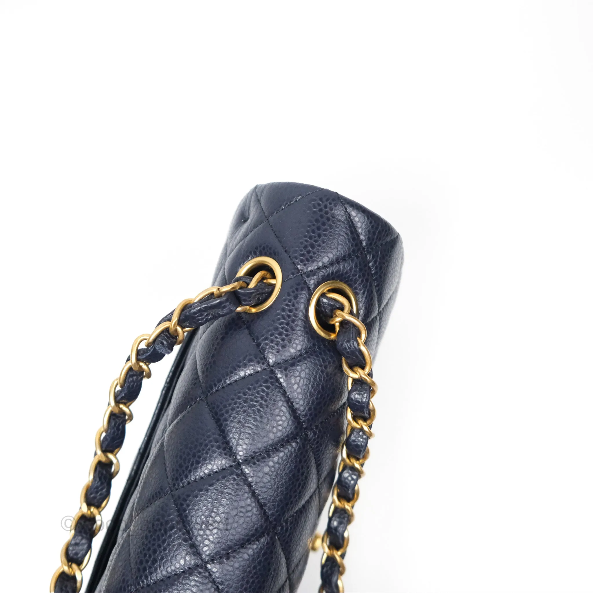 Chanel Classic M/L Medium Flap Quilted French Navy Caviar Aged Gold Hardware