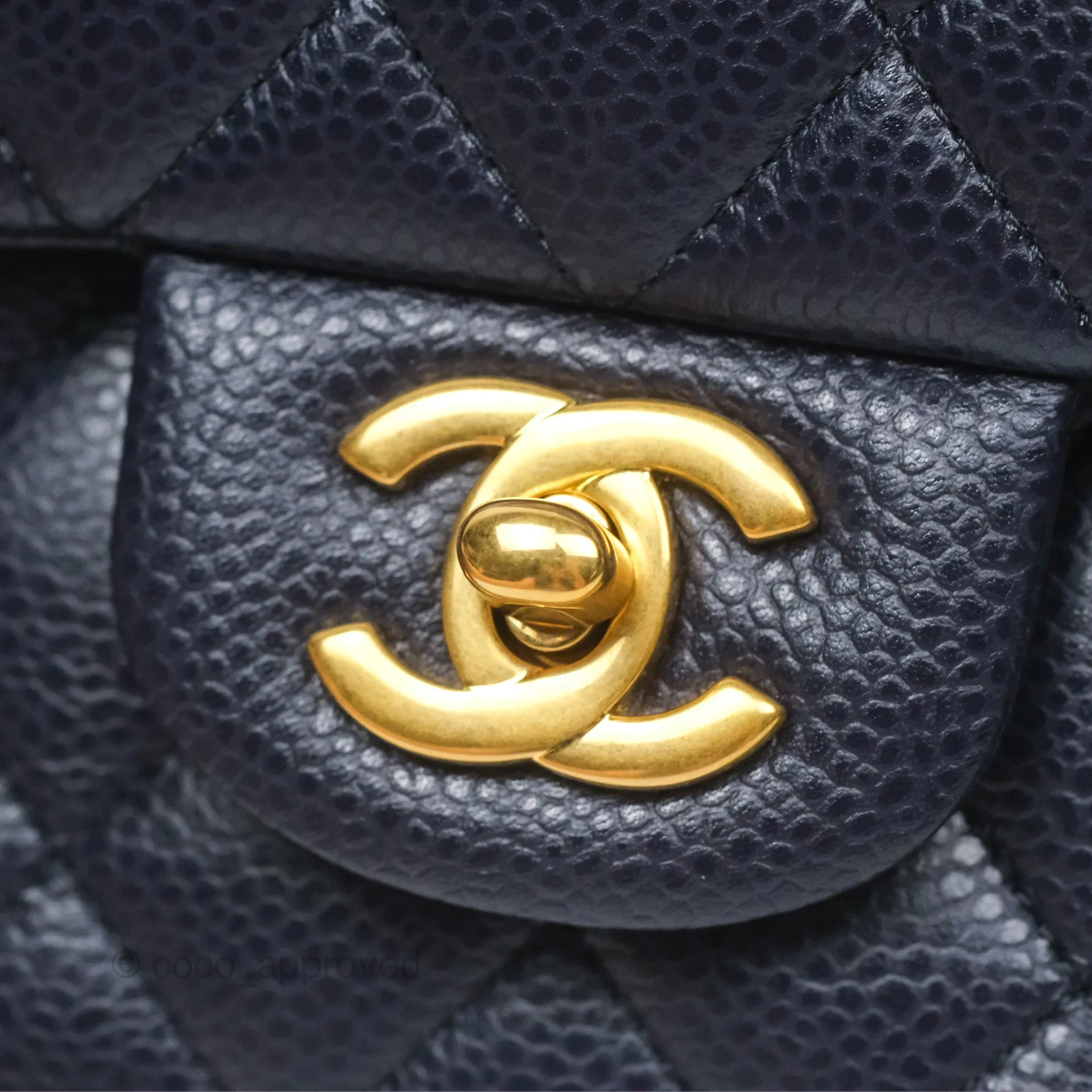 Chanel Classic M/L Medium Flap Quilted French Navy Caviar Aged Gold Hardware