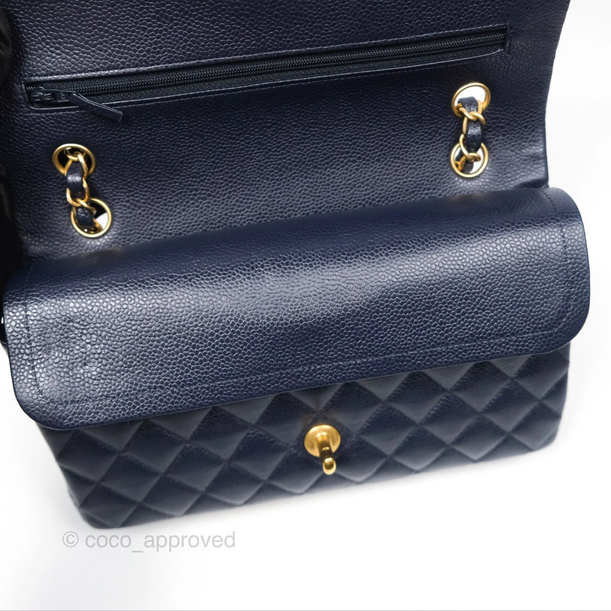 Chanel Classic M/L Medium Flap Quilted French Navy Caviar Aged Gold Hardware