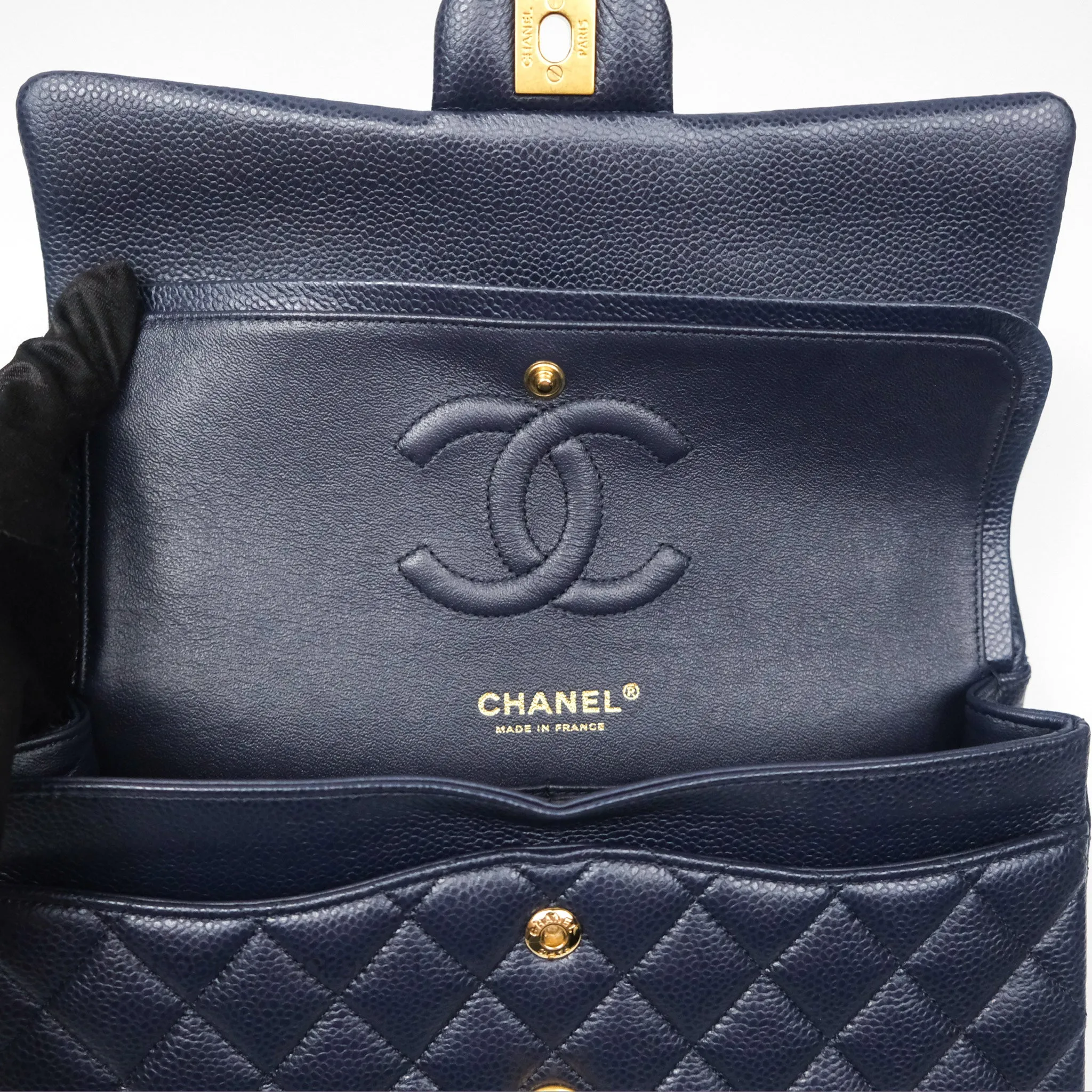 Chanel Classic M/L Medium Flap Quilted French Navy Caviar Aged Gold Hardware