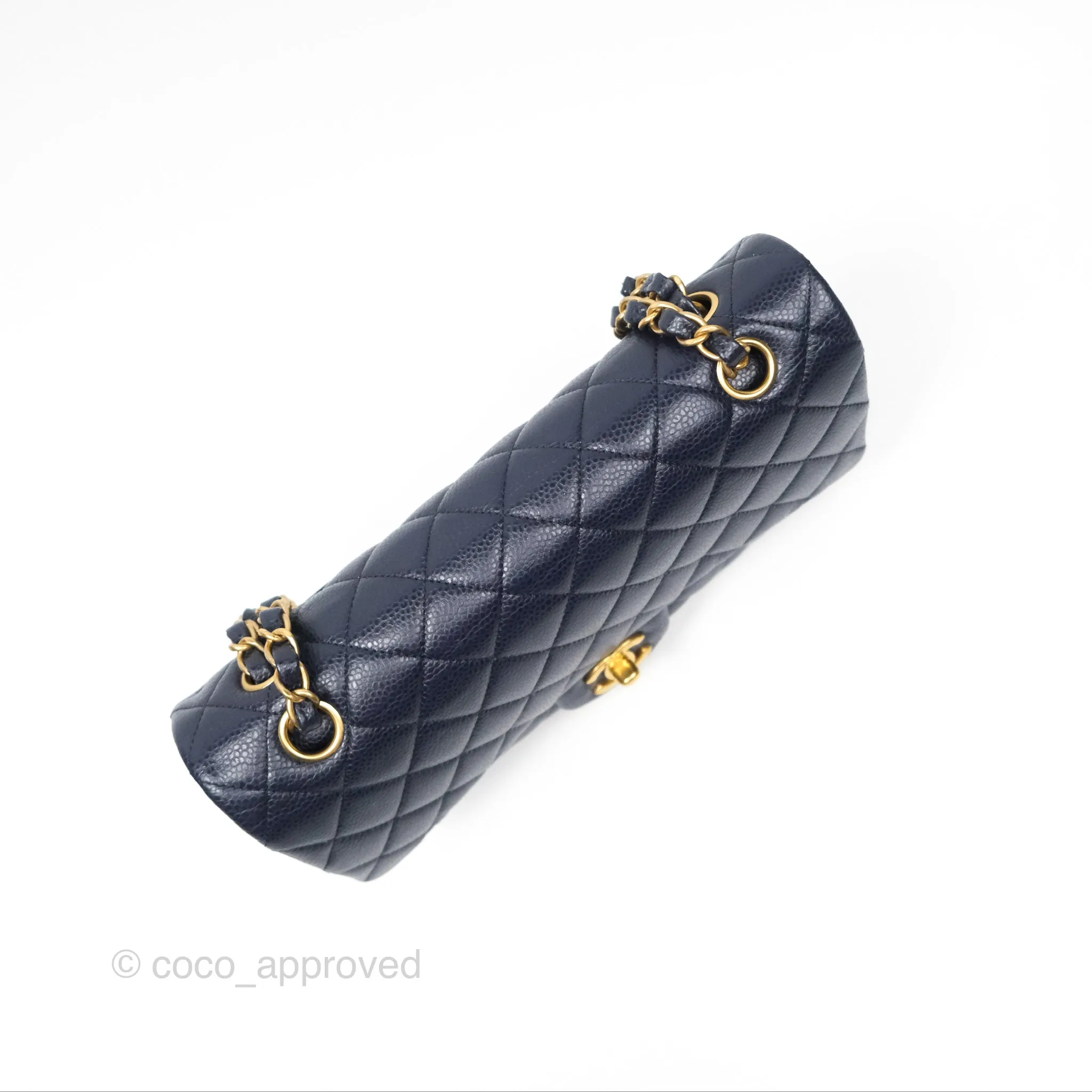 Chanel Classic M/L Medium Flap Quilted French Navy Caviar Aged Gold Hardware