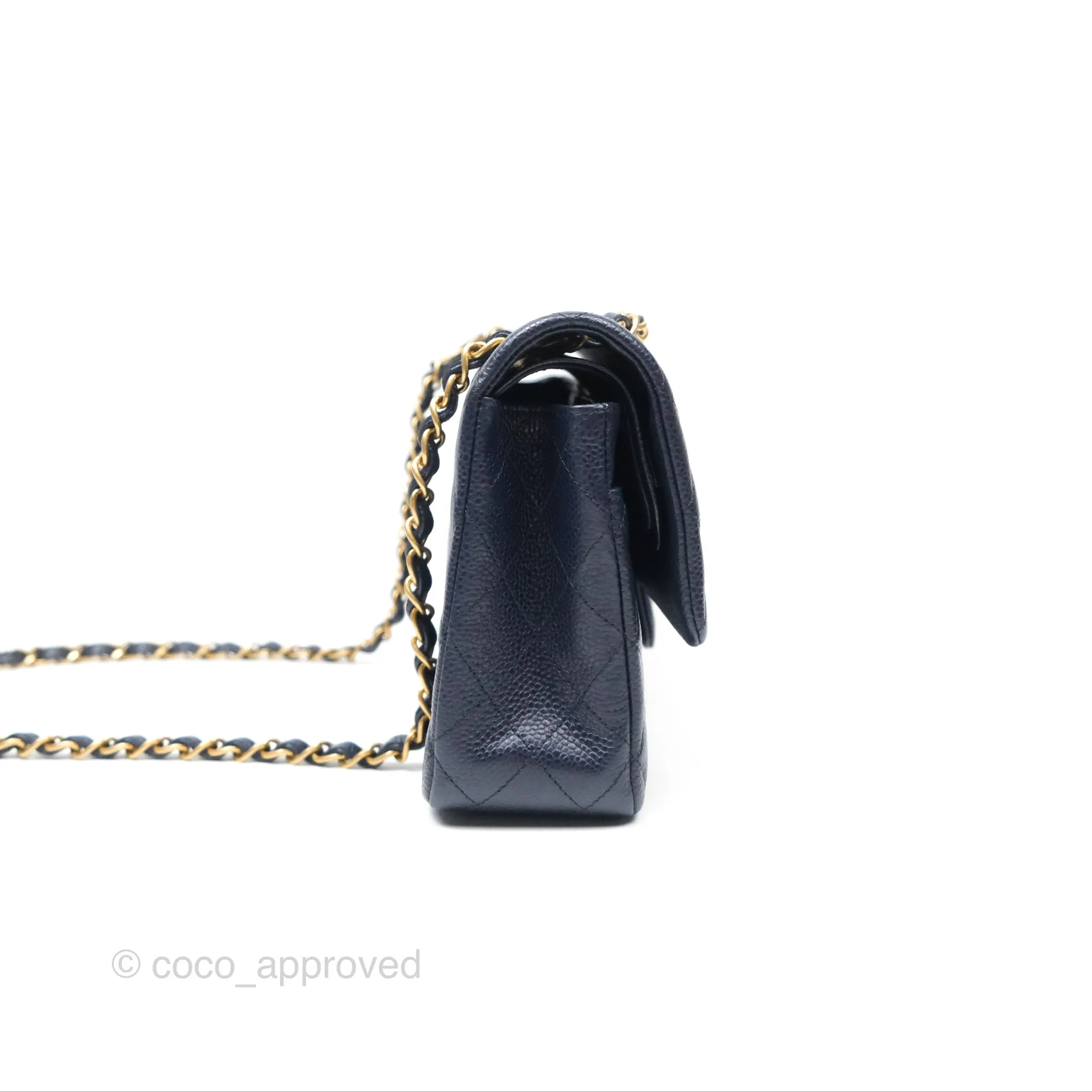 Chanel Classic M/L Medium Flap Quilted French Navy Caviar Aged Gold Hardware