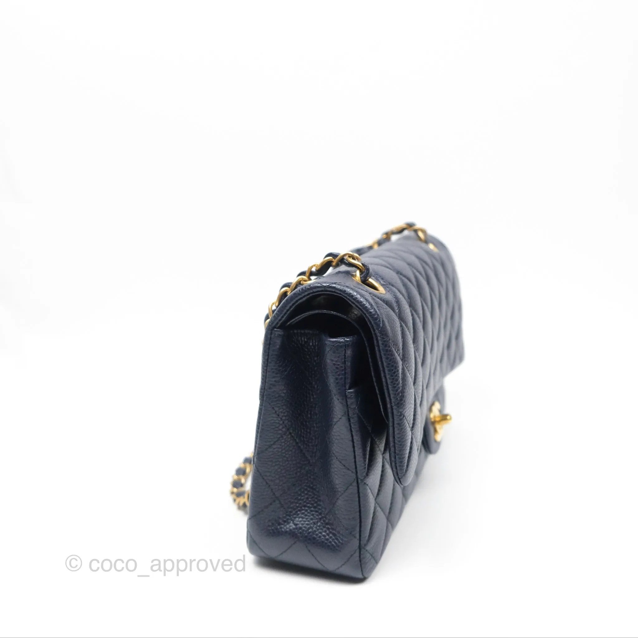 Chanel Classic M/L Medium Flap Quilted French Navy Caviar Aged Gold Hardware