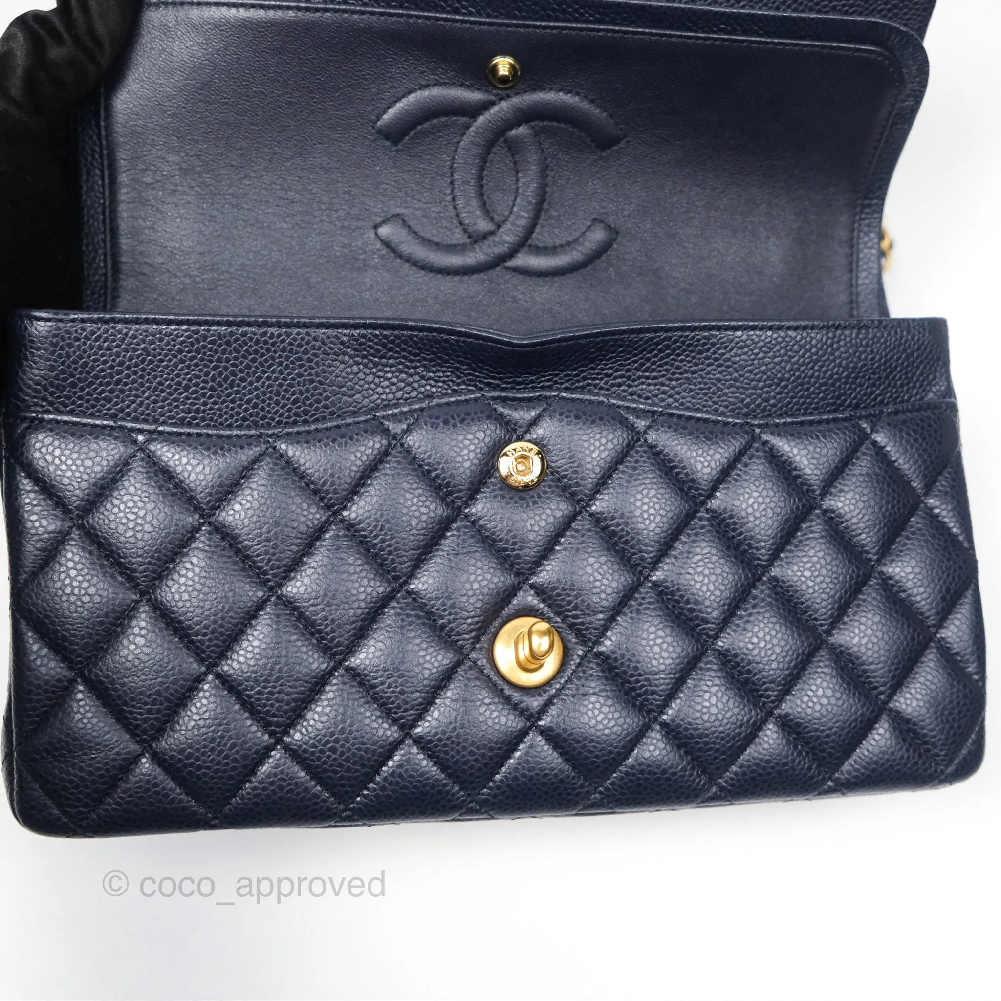 Chanel Classic M/L Medium Flap Quilted French Navy Caviar Aged Gold Hardware