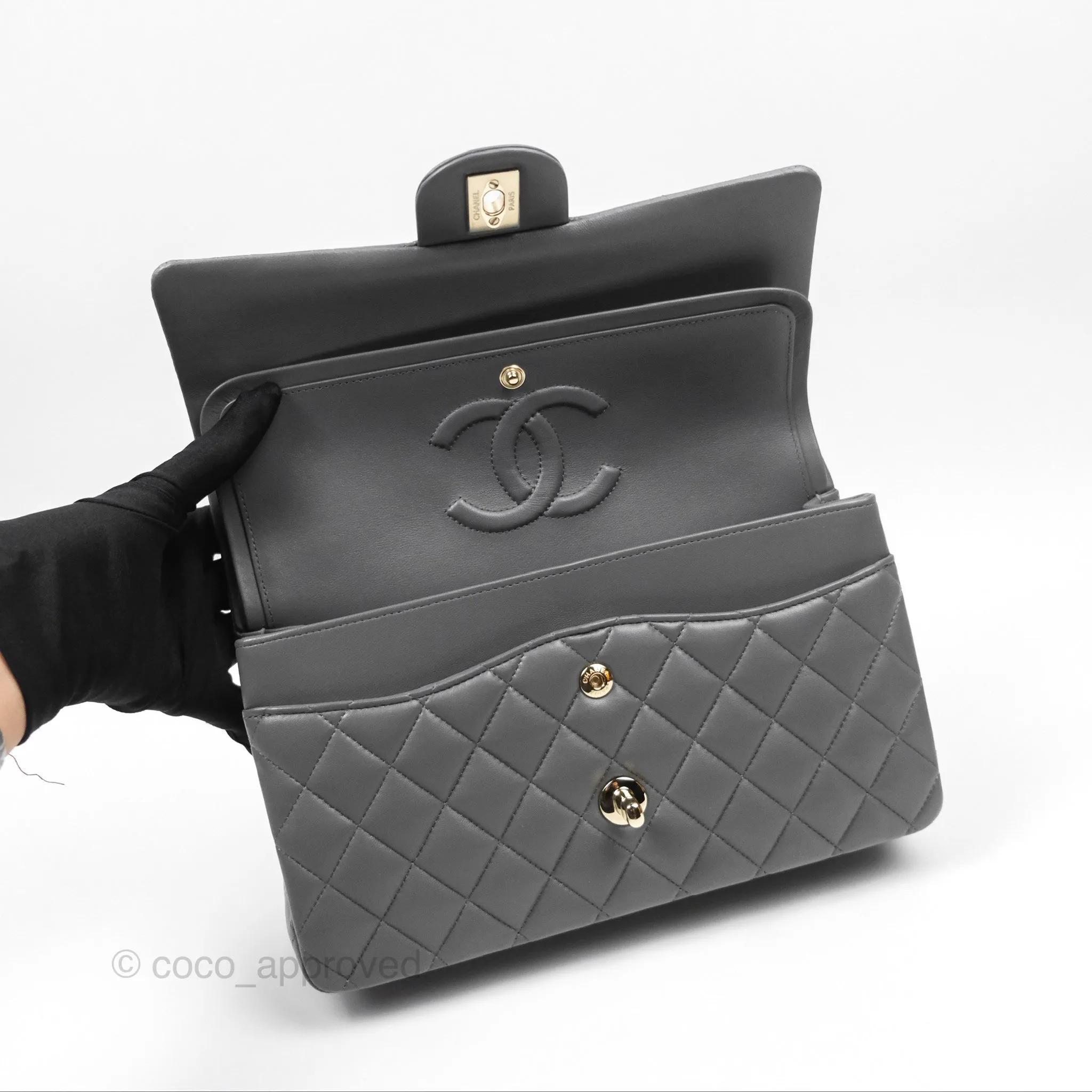 Chanel Classic M/L Medium Flap Quilted Grey Lambskin Gold Hardware