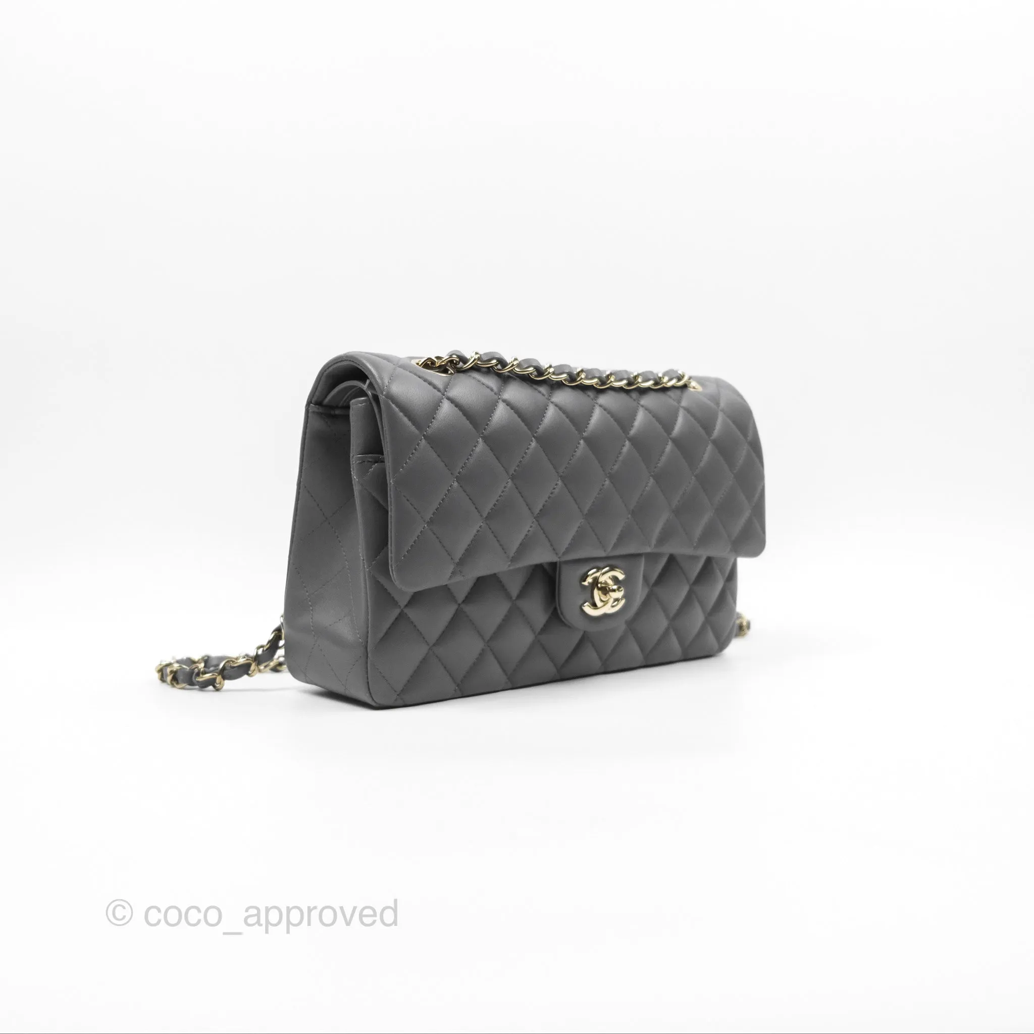 Chanel Classic M/L Medium Flap Quilted Grey Lambskin Gold Hardware