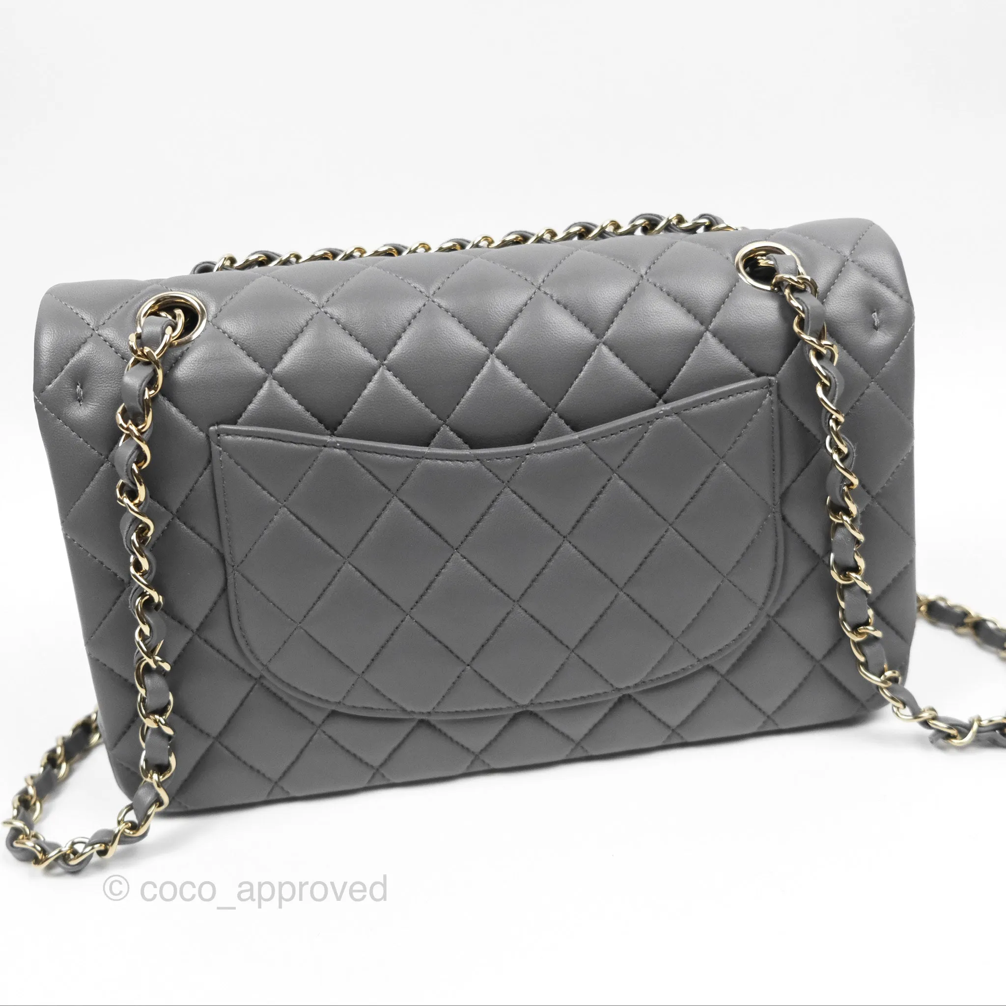 Chanel Classic M/L Medium Flap Quilted Grey Lambskin Gold Hardware