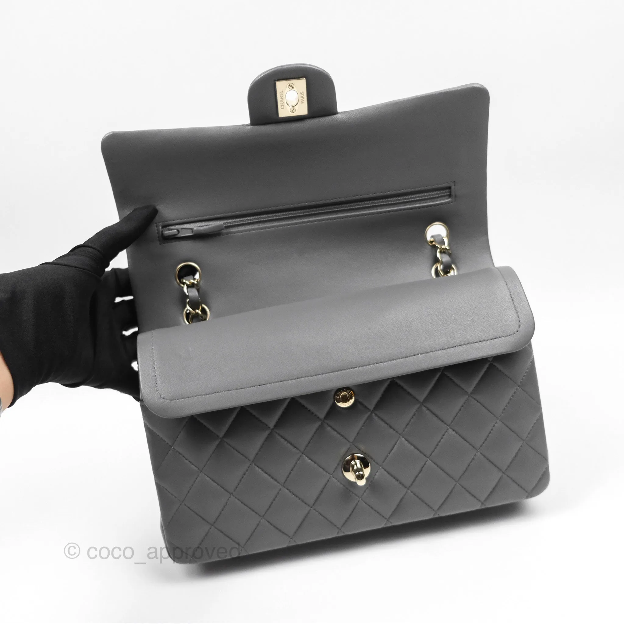 Chanel Classic M/L Medium Flap Quilted Grey Lambskin Gold Hardware