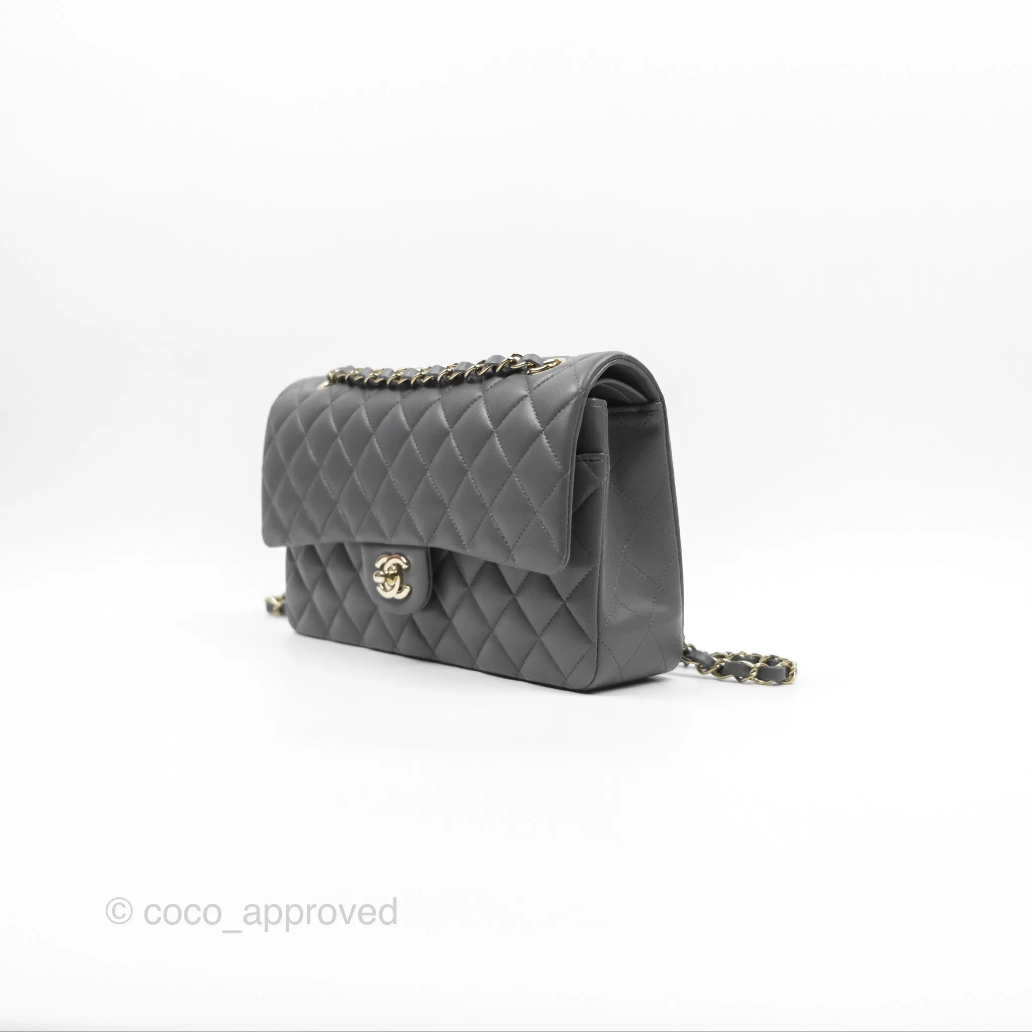 Chanel Classic M/L Medium Flap Quilted Grey Lambskin Gold Hardware