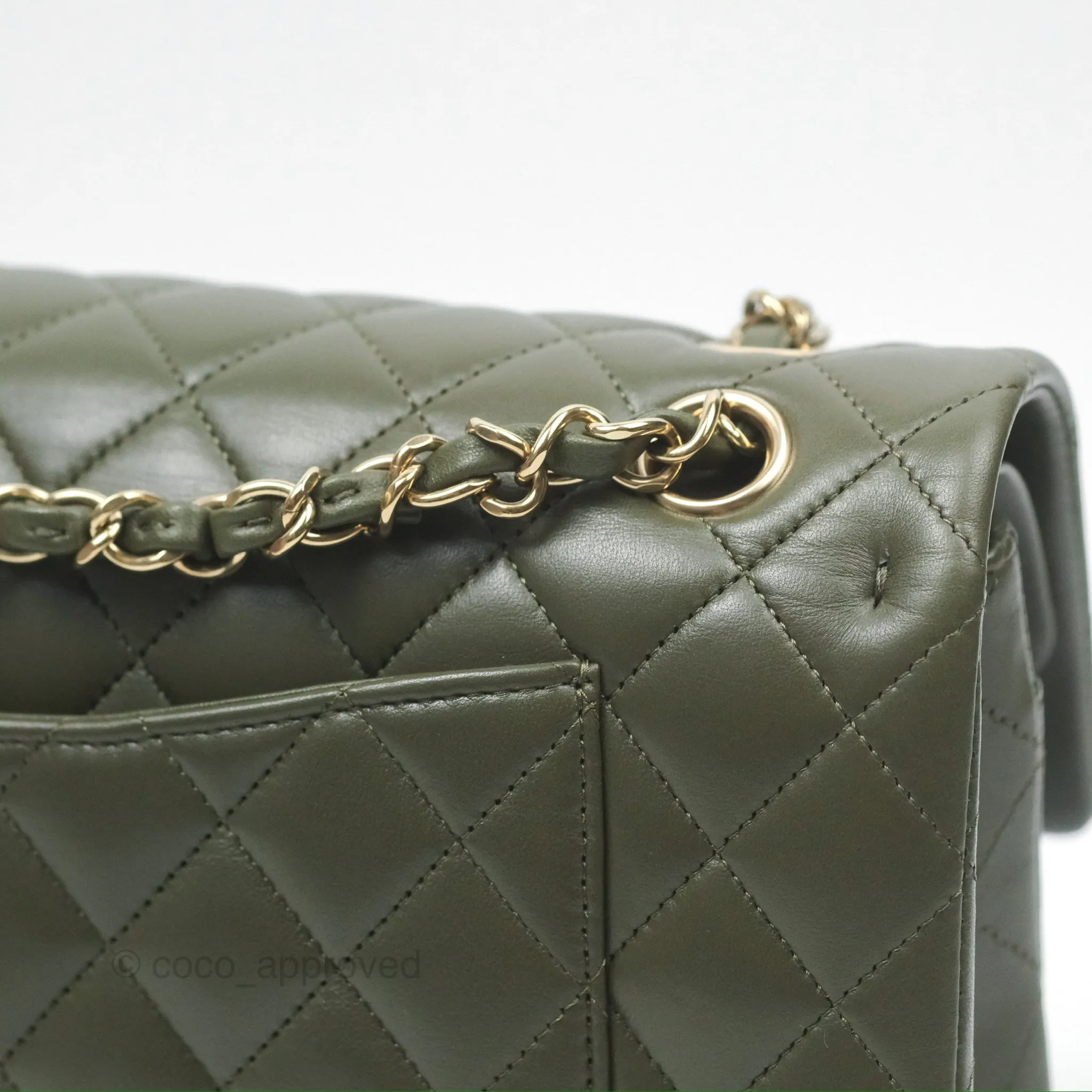 Chanel Classic M/L Medium Flap Quilted Lambskin Army Green Gold Hardware