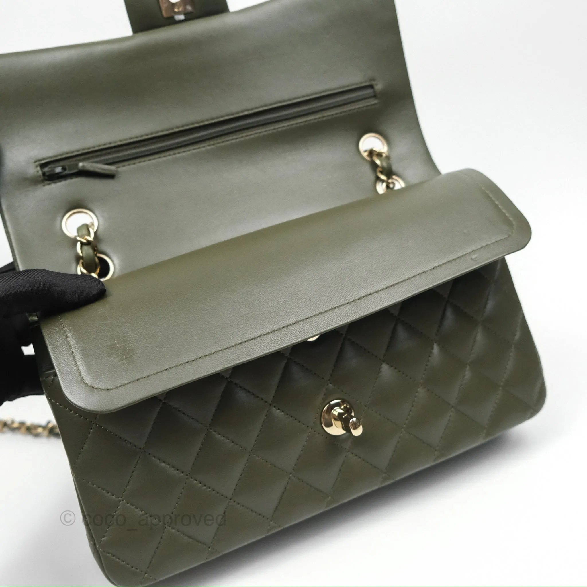 Chanel Classic M/L Medium Flap Quilted Lambskin Army Green Gold Hardware