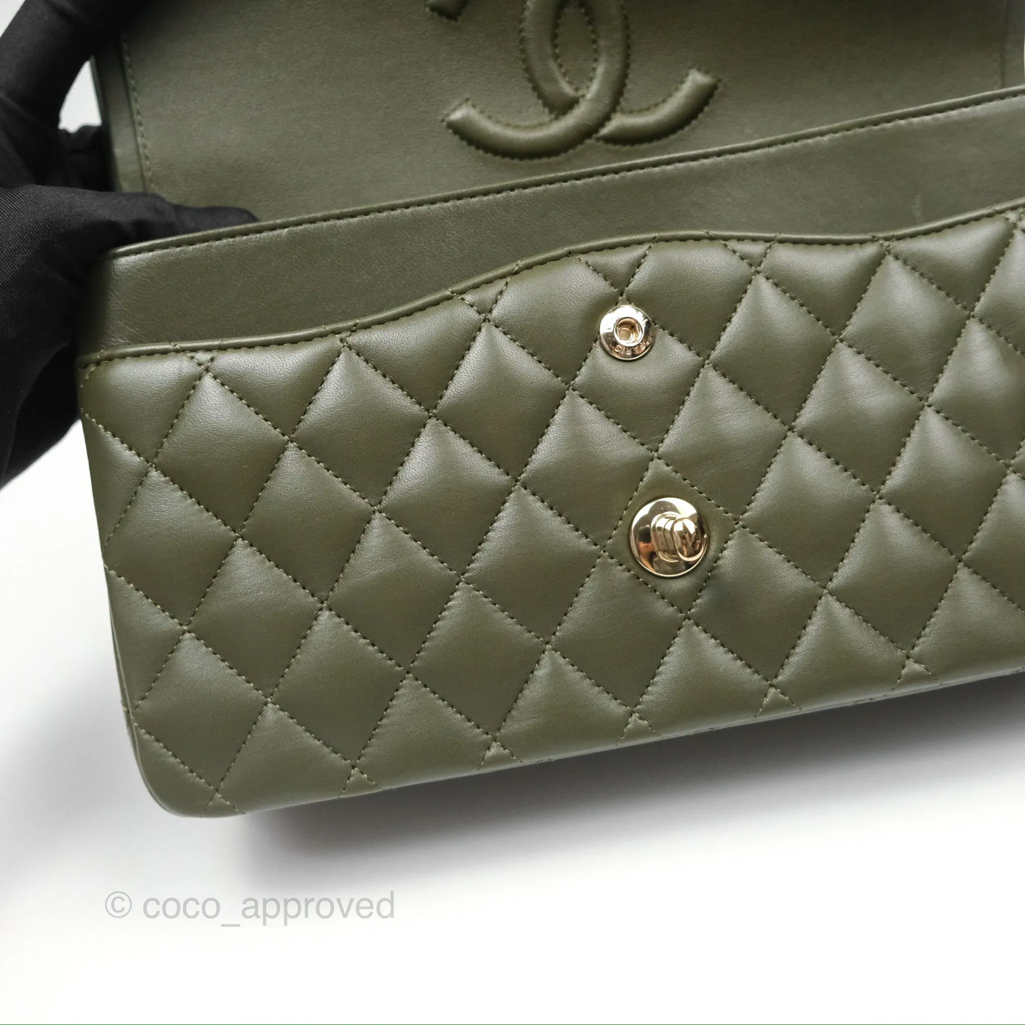 Chanel Classic M/L Medium Flap Quilted Lambskin Army Green Gold Hardware