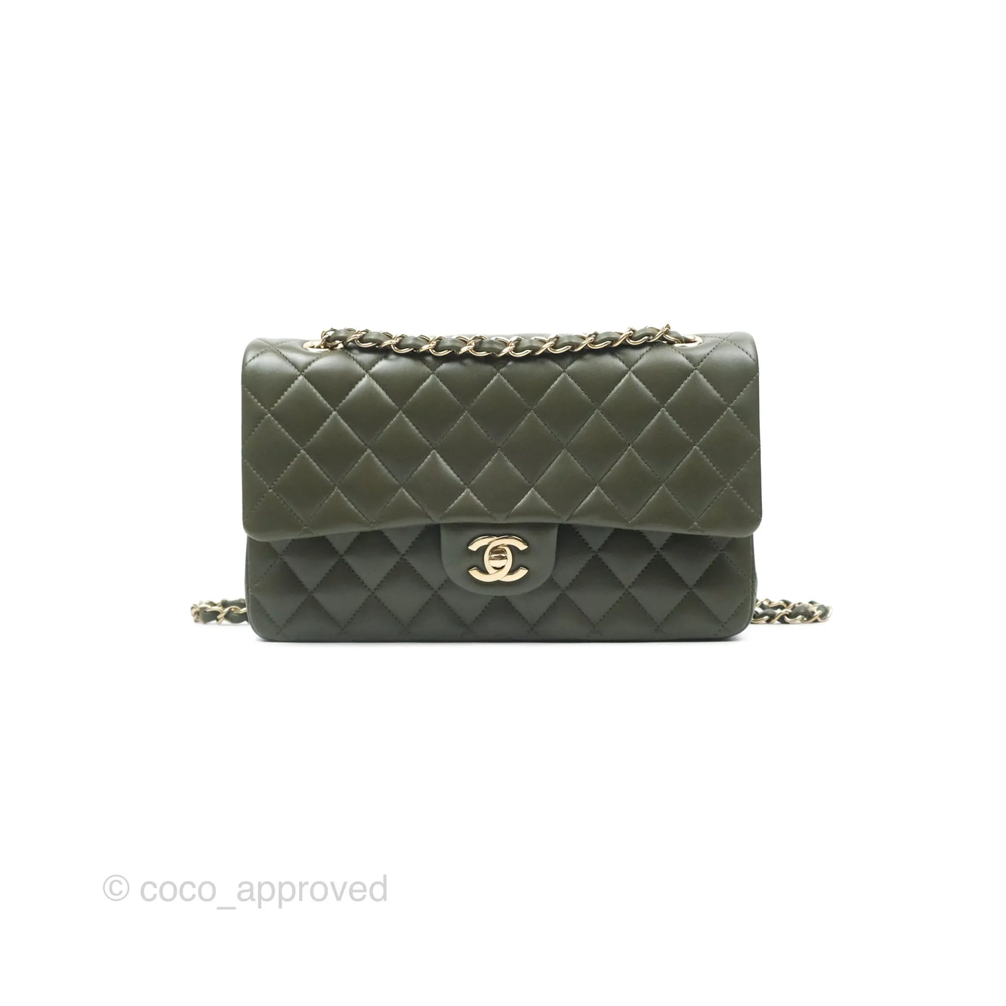 Chanel Classic M/L Medium Flap Quilted Lambskin Army Green Gold Hardware