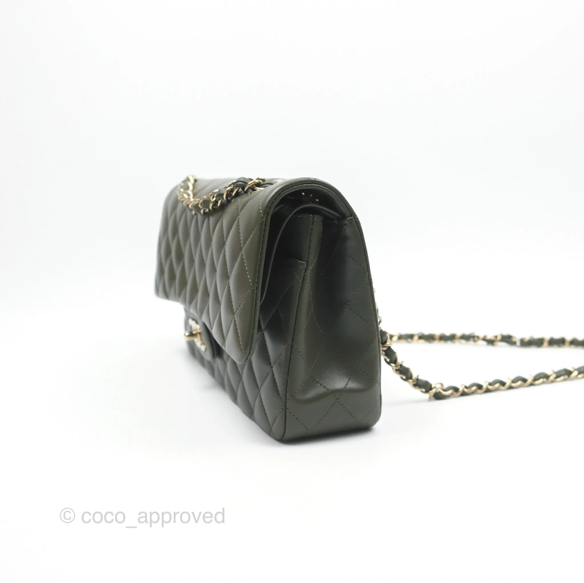 Chanel Classic M/L Medium Flap Quilted Lambskin Army Green Gold Hardware