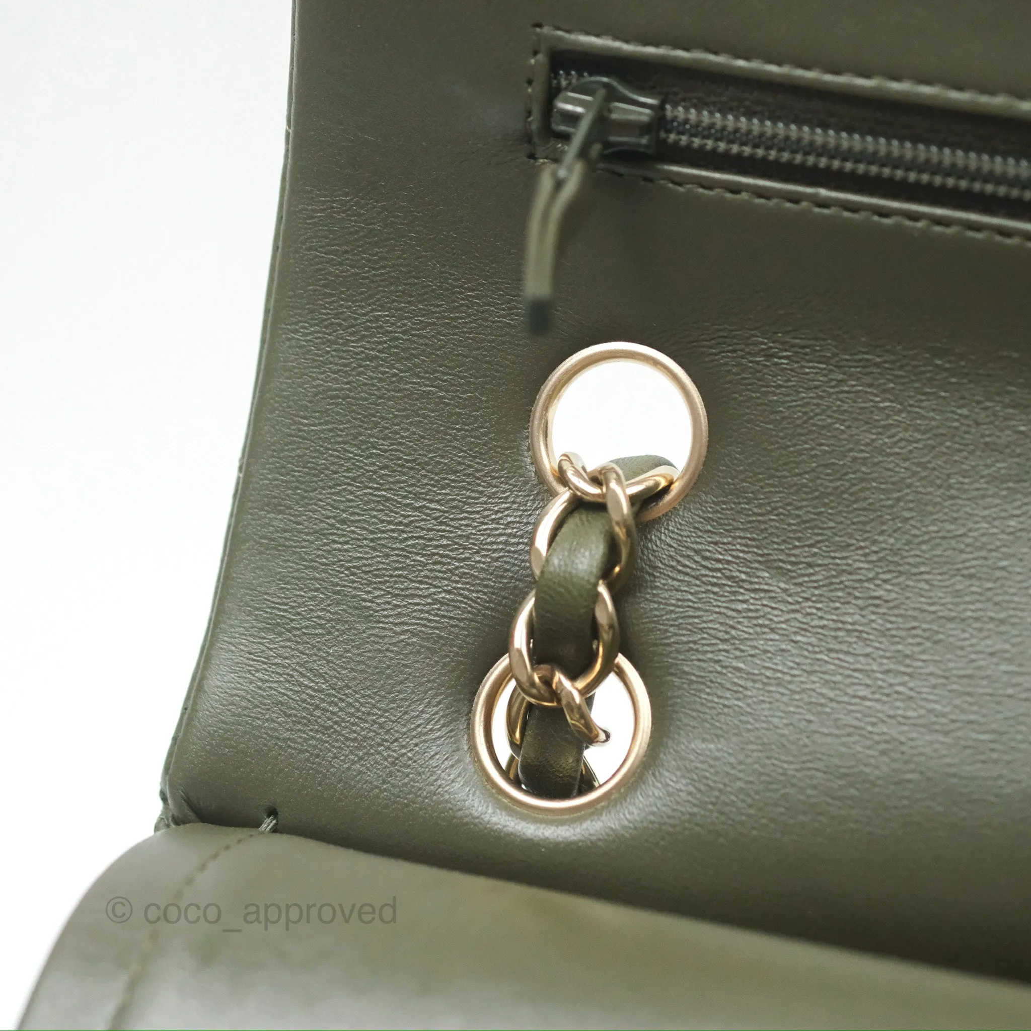 Chanel Classic M/L Medium Flap Quilted Lambskin Army Green Gold Hardware