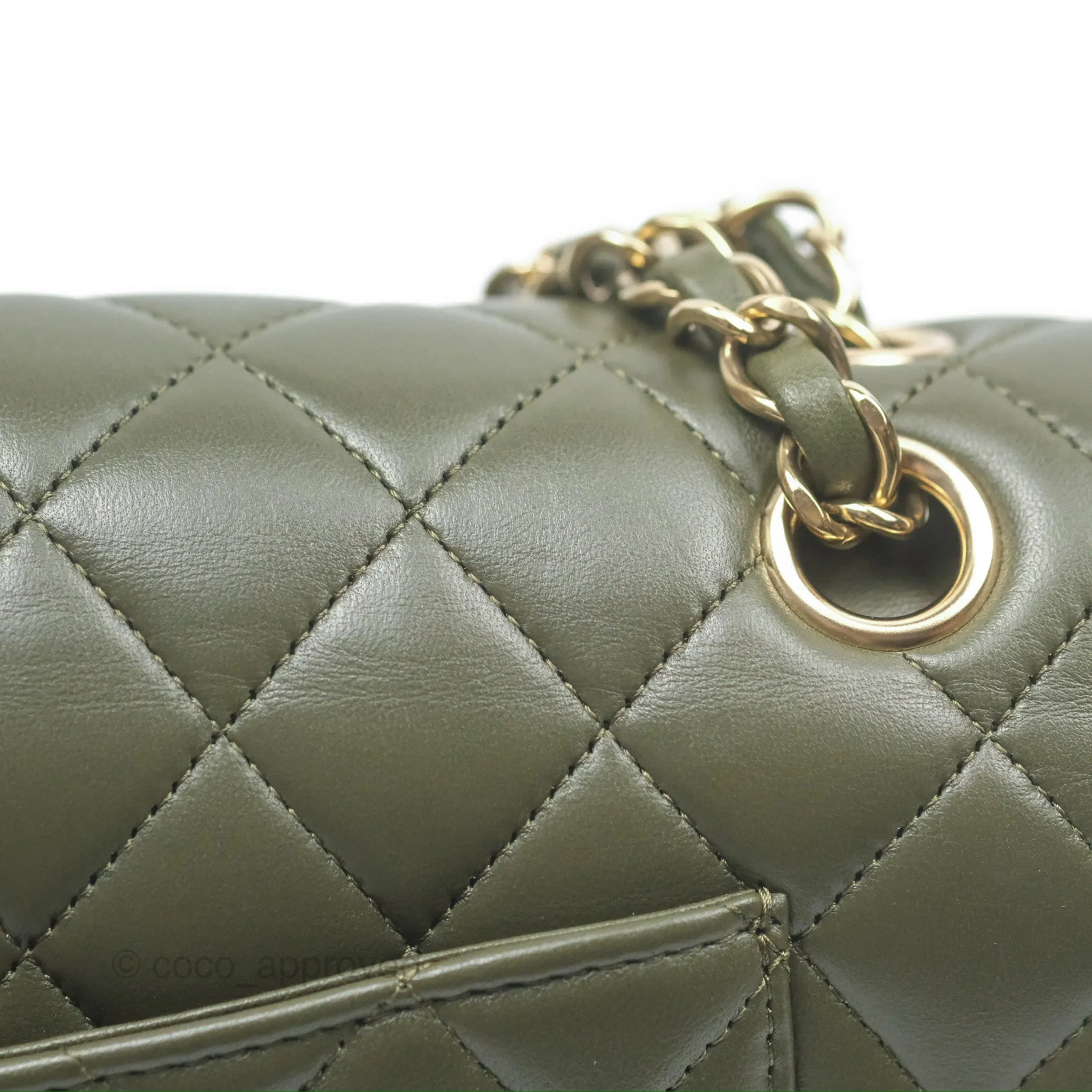 Chanel Classic M/L Medium Flap Quilted Lambskin Army Green Gold Hardware