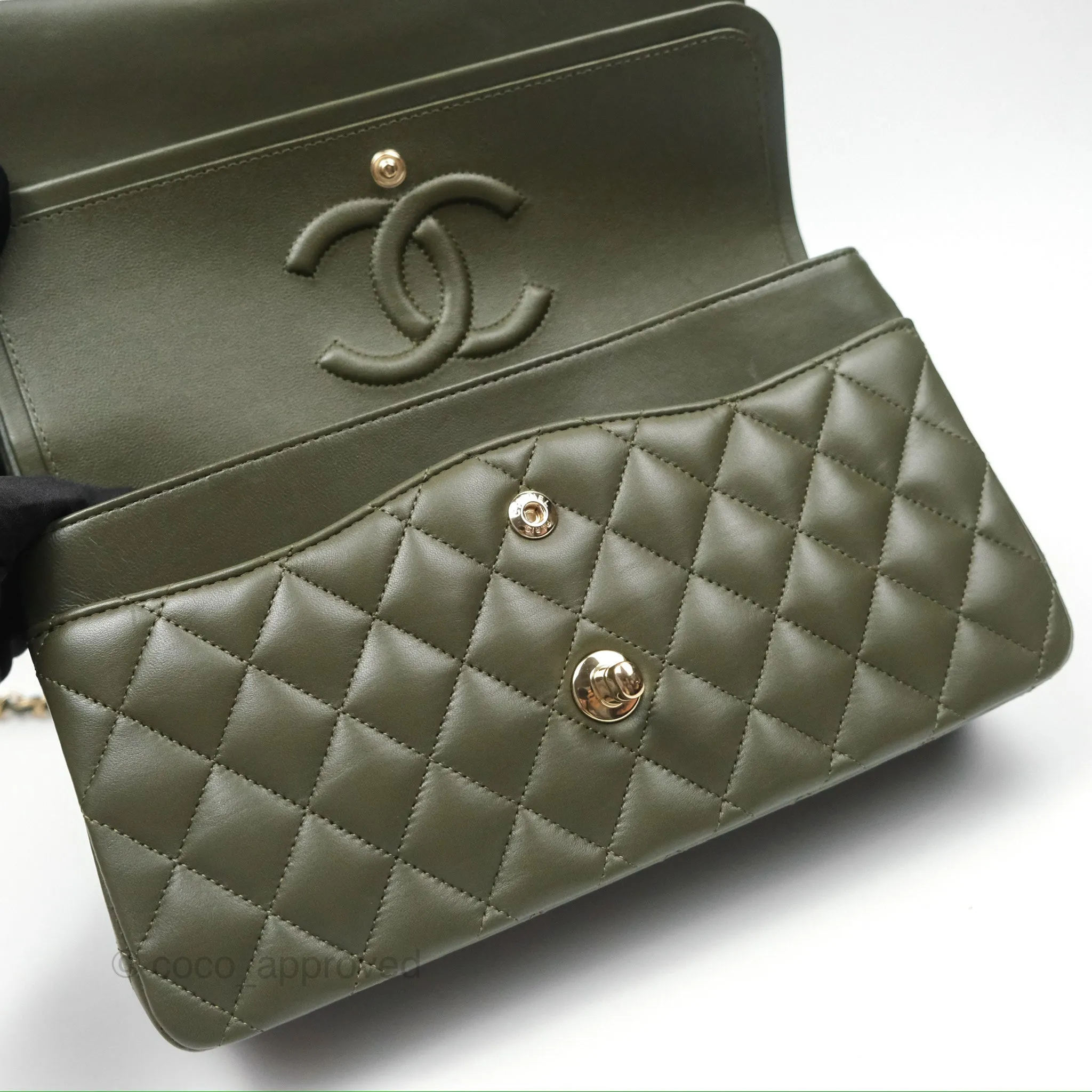 Chanel Classic M/L Medium Flap Quilted Lambskin Army Green Gold Hardware