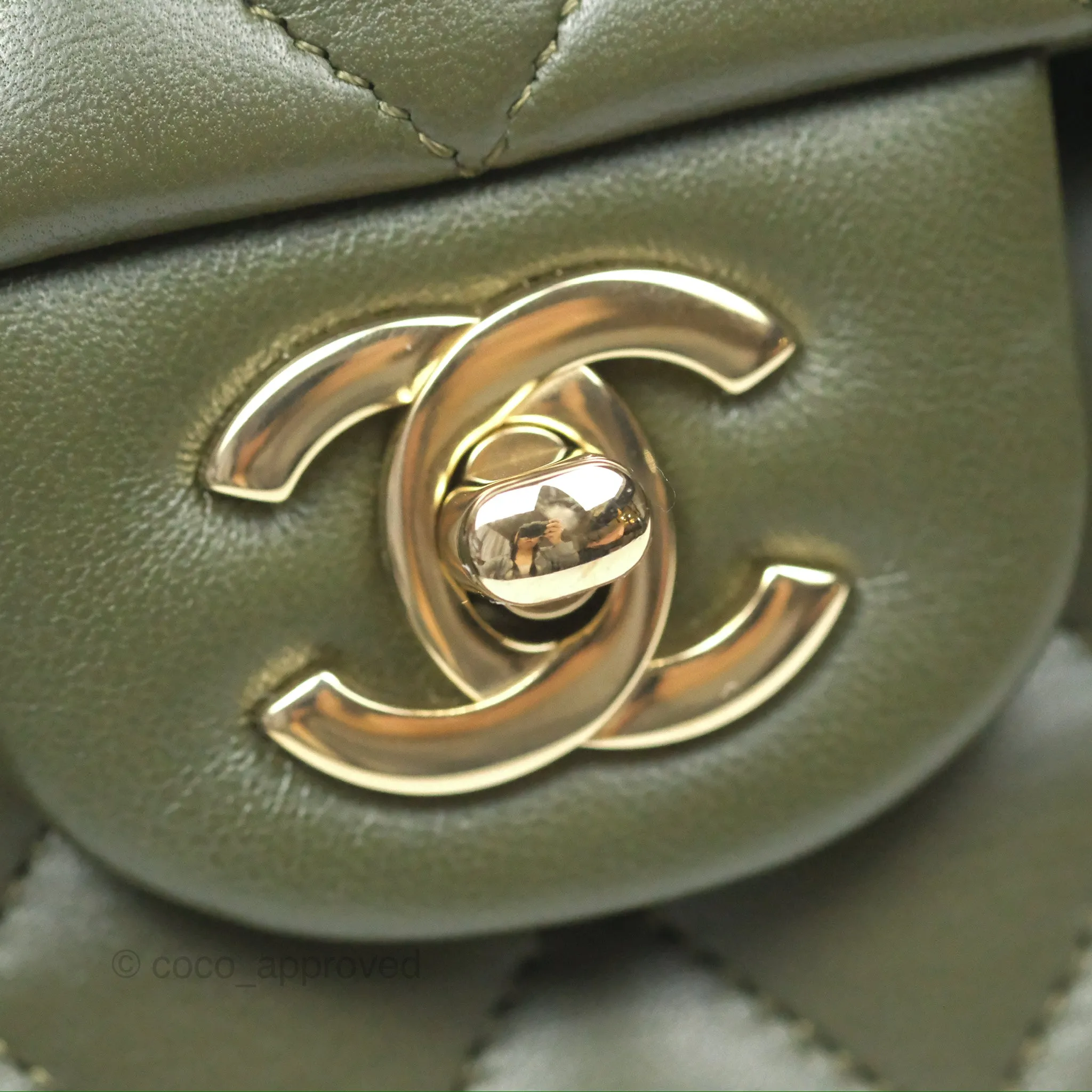 Chanel Classic M/L Medium Flap Quilted Lambskin Army Green Gold Hardware
