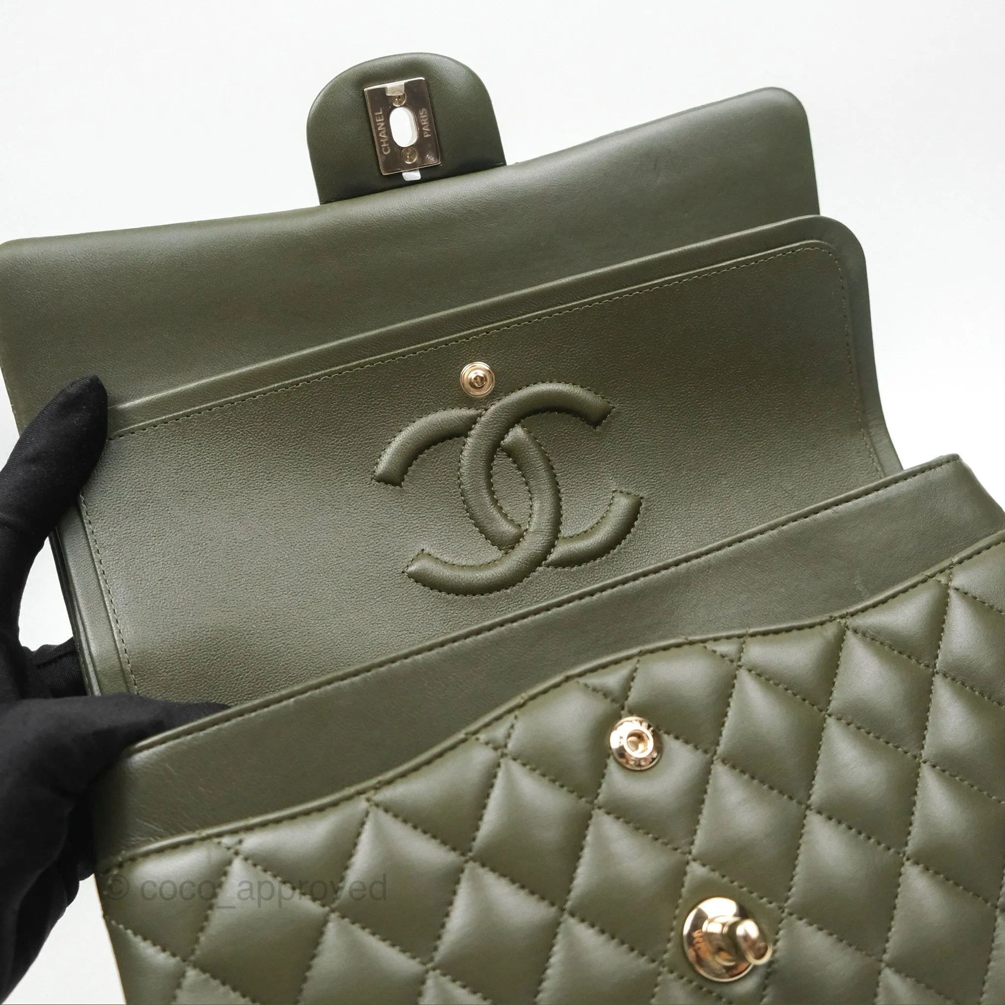 Chanel Classic M/L Medium Flap Quilted Lambskin Army Green Gold Hardware