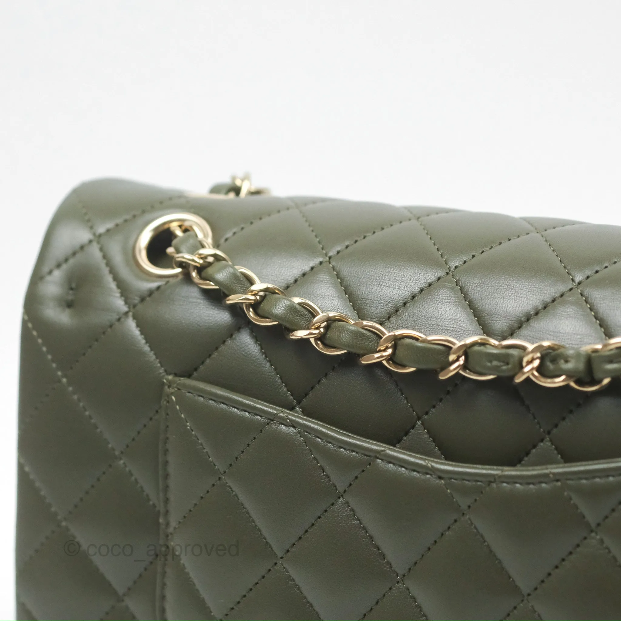 Chanel Classic M/L Medium Flap Quilted Lambskin Army Green Gold Hardware