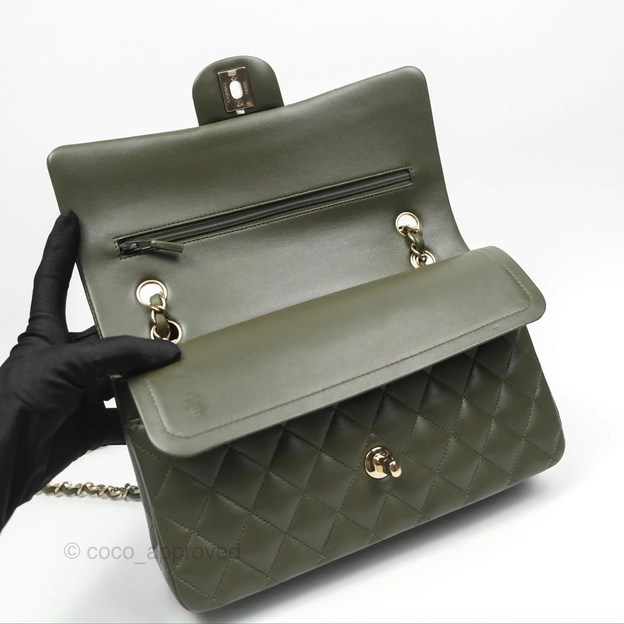 Chanel Classic M/L Medium Flap Quilted Lambskin Army Green Gold Hardware
