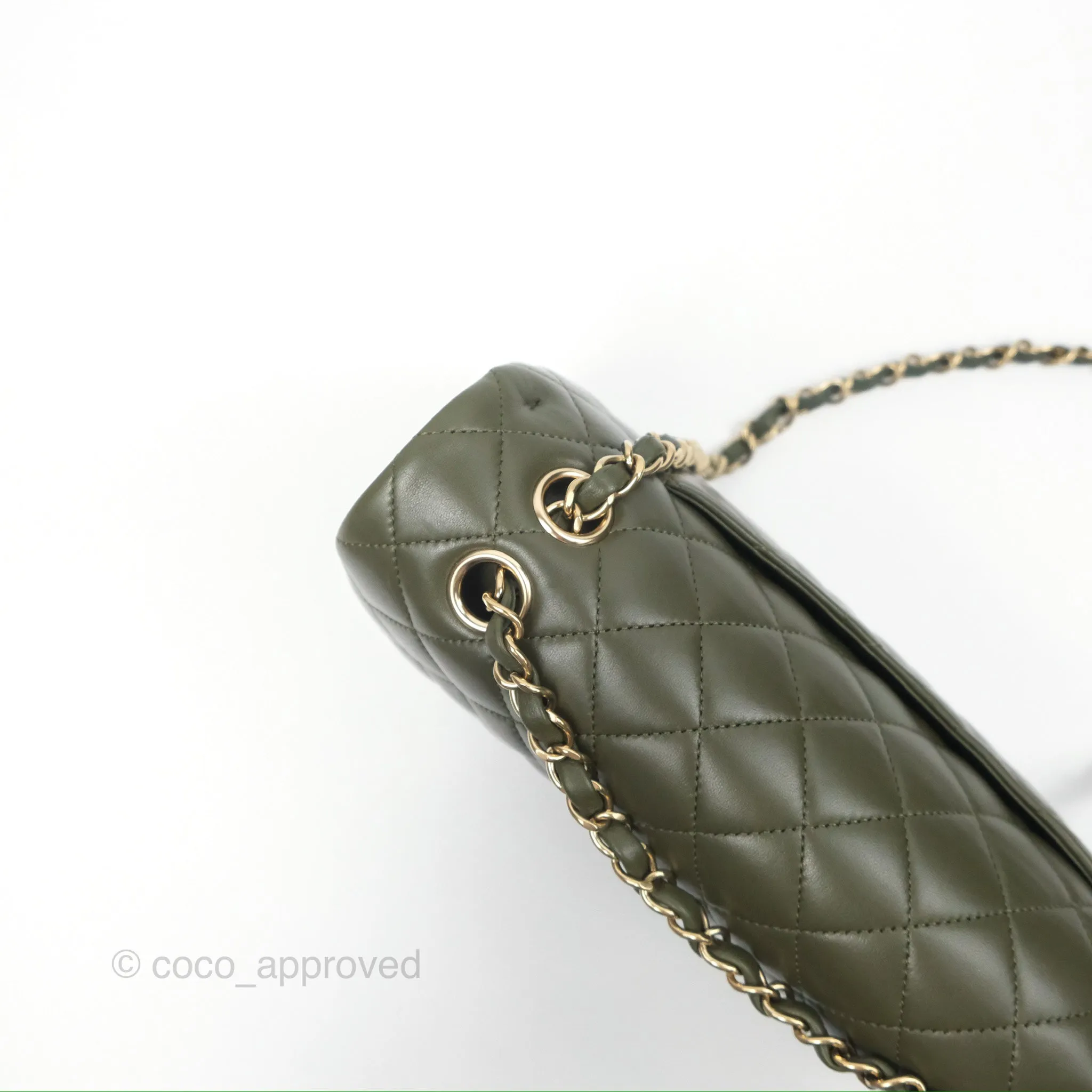 Chanel Classic M/L Medium Flap Quilted Lambskin Army Green Gold Hardware