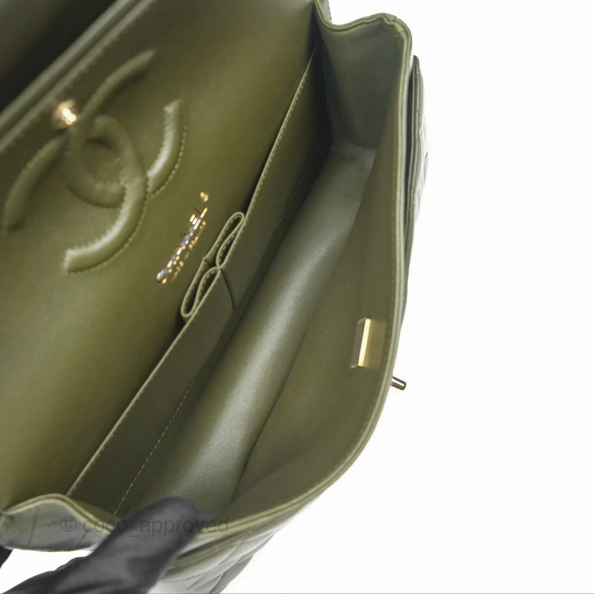 Chanel Classic M/L Medium Flap Quilted Lambskin Army Green Gold Hardware