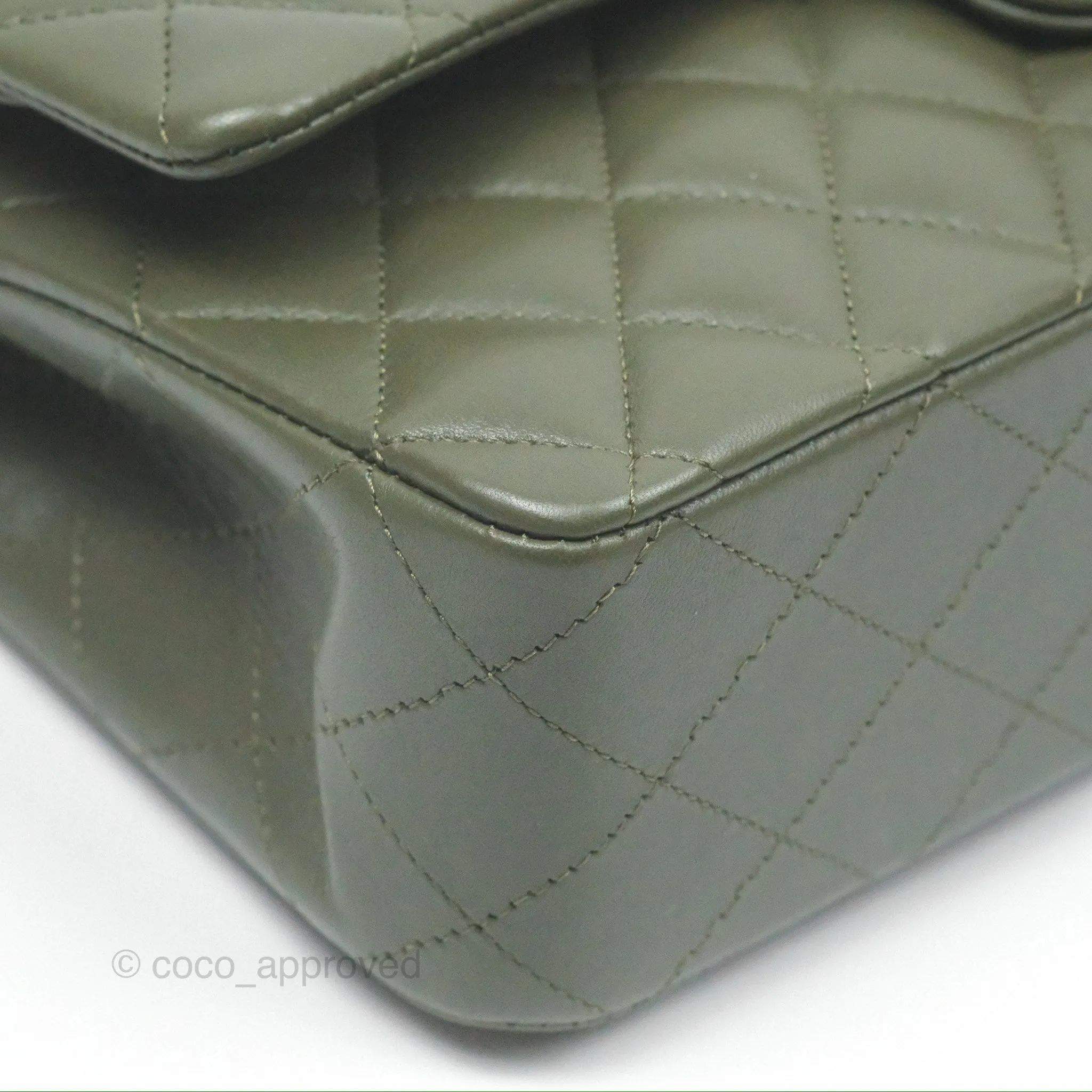 Chanel Classic M/L Medium Flap Quilted Lambskin Army Green Gold Hardware