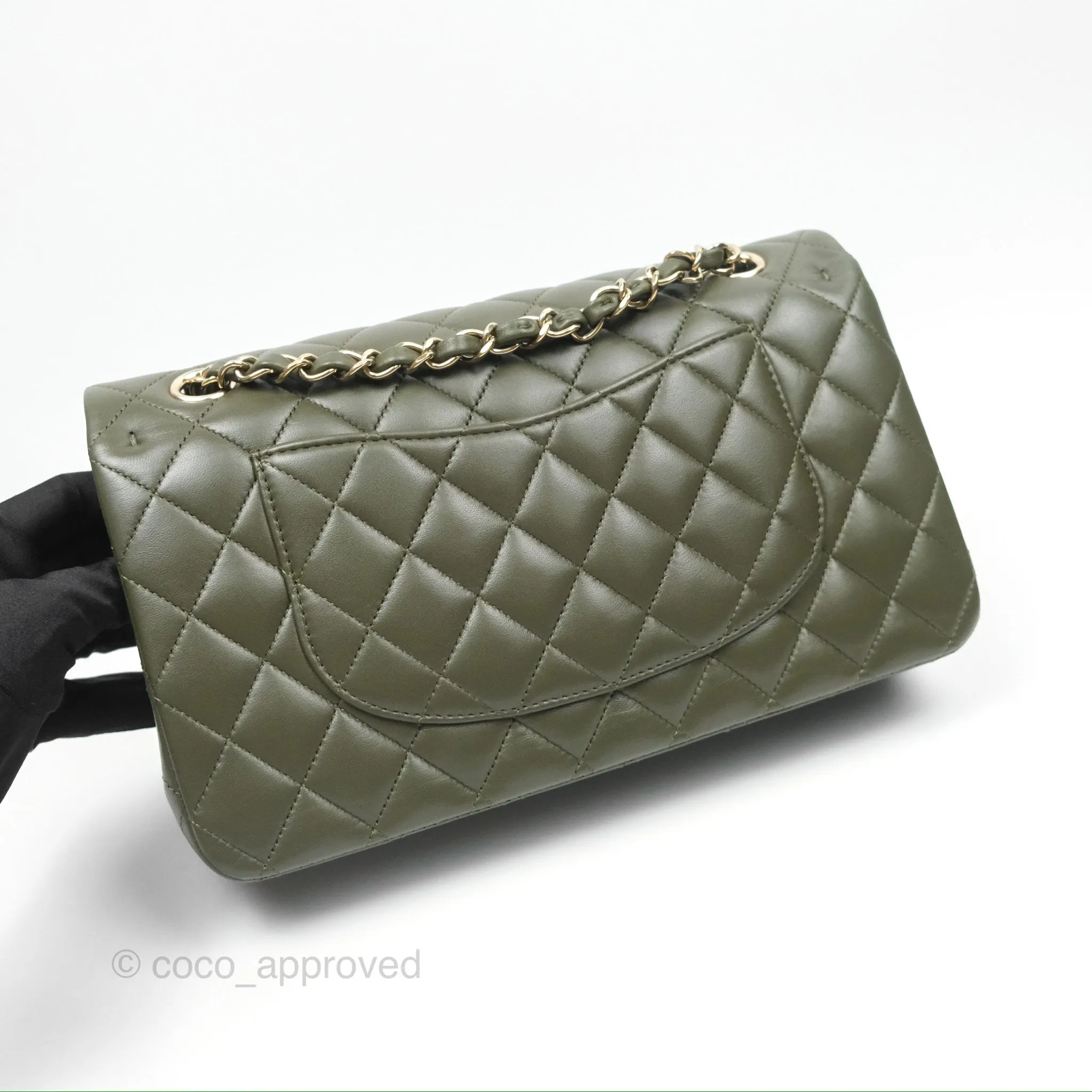 Chanel Classic M/L Medium Flap Quilted Lambskin Army Green Gold Hardware