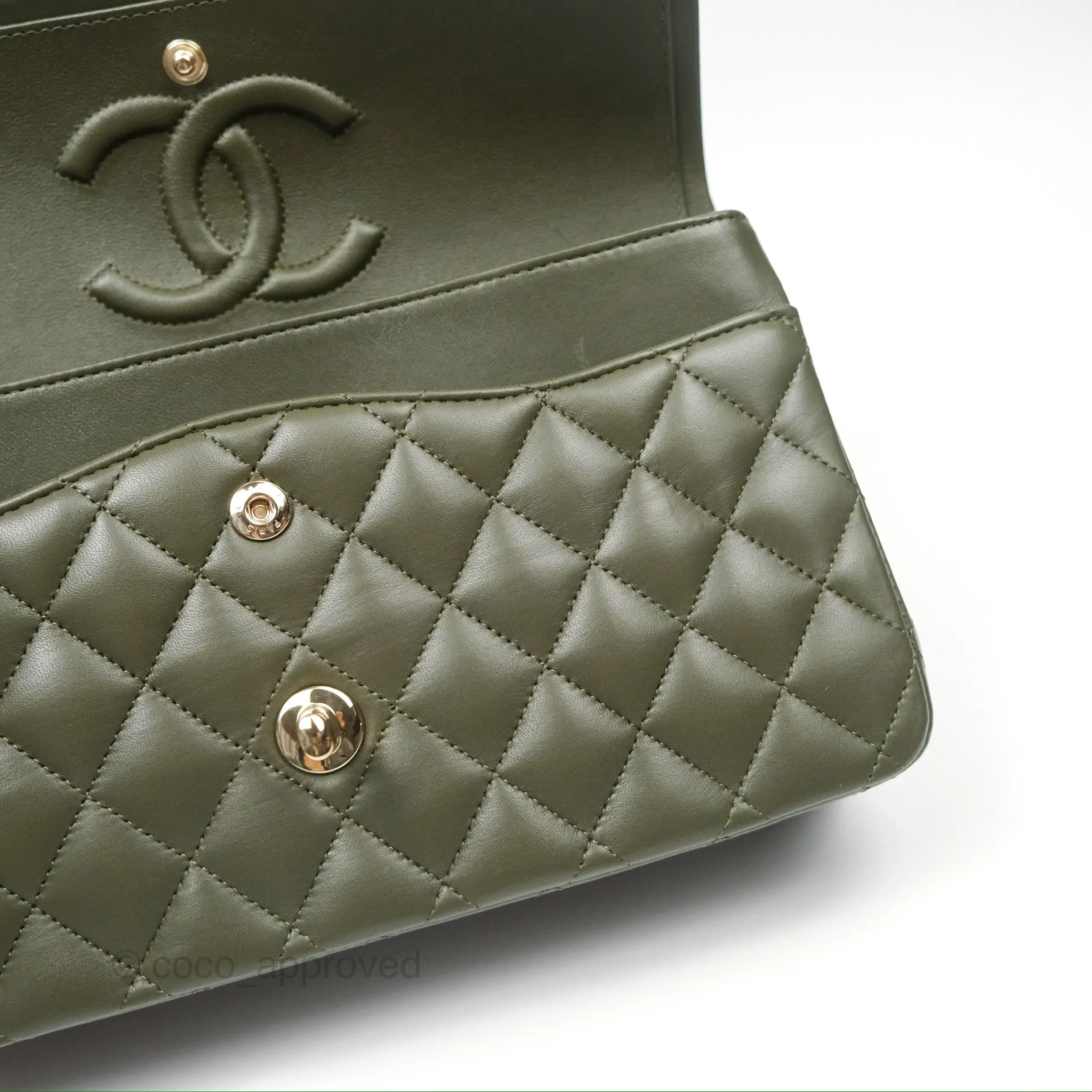 Chanel Classic M/L Medium Flap Quilted Lambskin Army Green Gold Hardware
